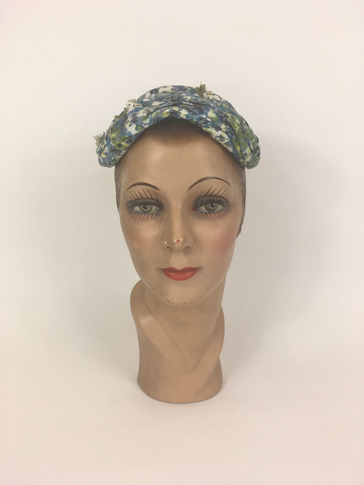 Original 1950’s Darling Floral Headpiece With Flora & Velvet Trim - In Blues, Greens & Ivory