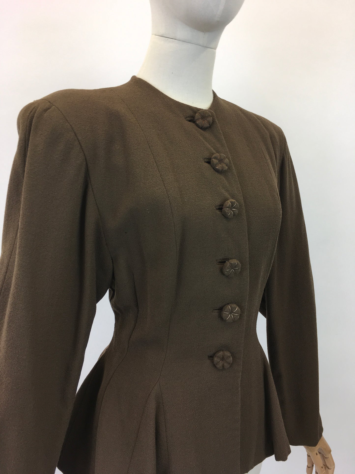 Original 1940's Stunning Crepe Jacket With Peplum - In Chocolate Brown with Flower Petal Buttons