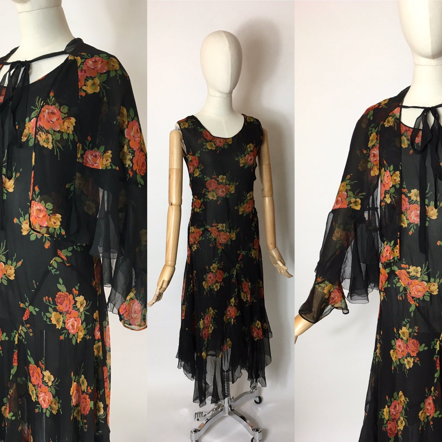 Original 1930’s SENSATIONAL 3pc Set in A Floral Chiffon - Dress, Jacket & Caplet Set