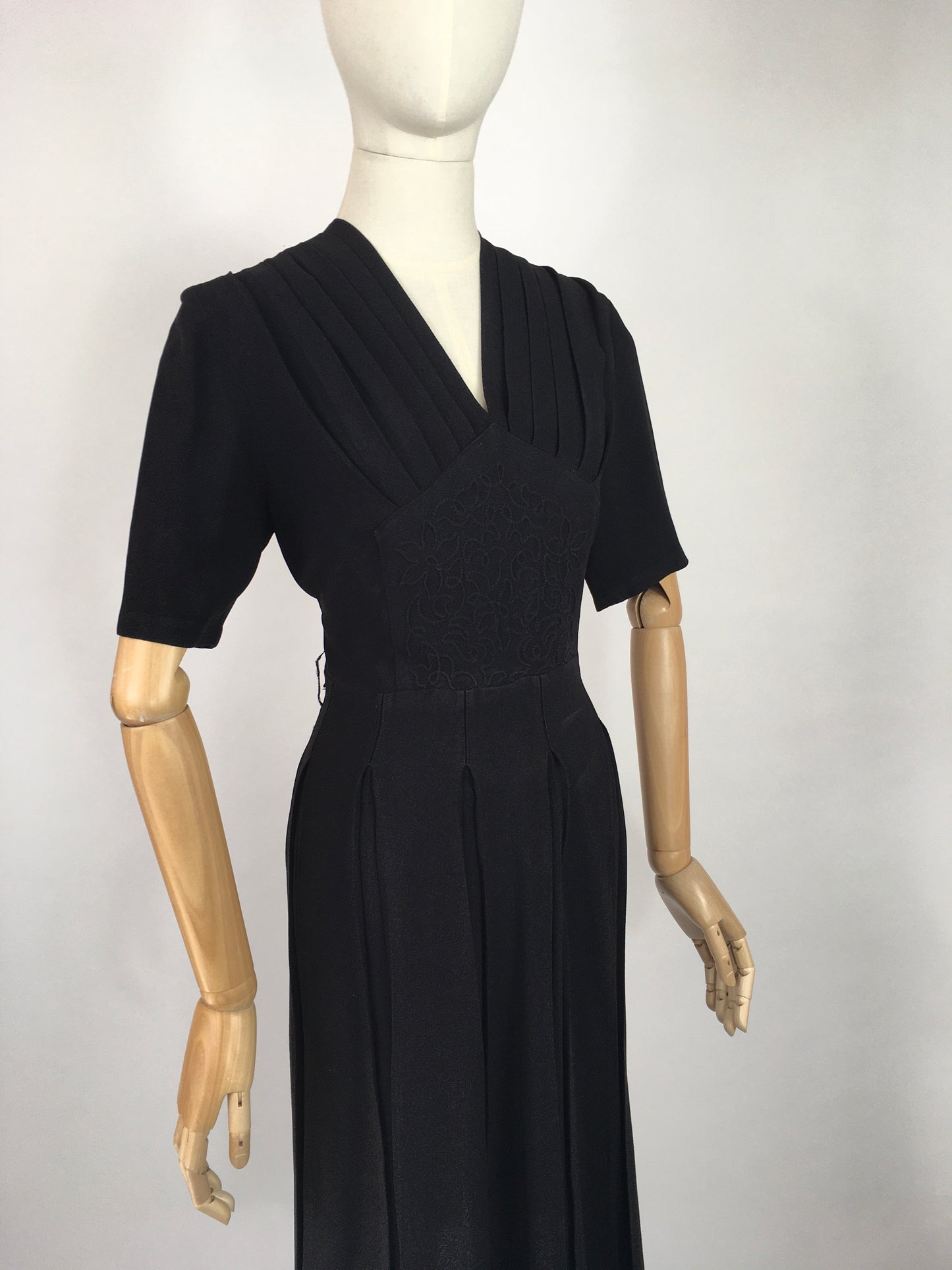 Original 1940’s Black Crepe Dress - With a Lovely Soutache Waist Panel Detailing