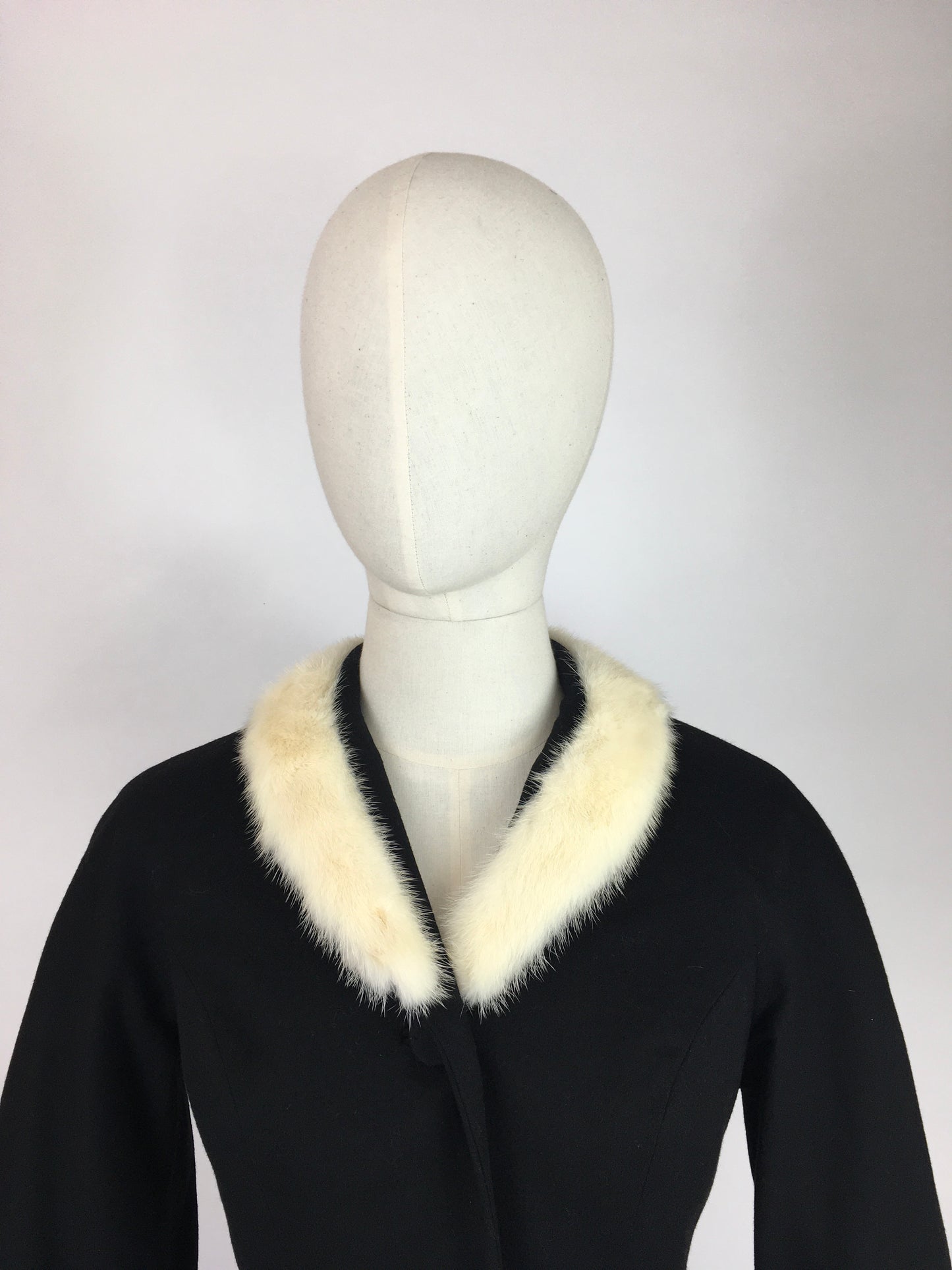 Original Early 1950s 2pc Suit with an Amazing Silhouette  - In a Lovely Black Wool with Contrast White Mink Fur Trim