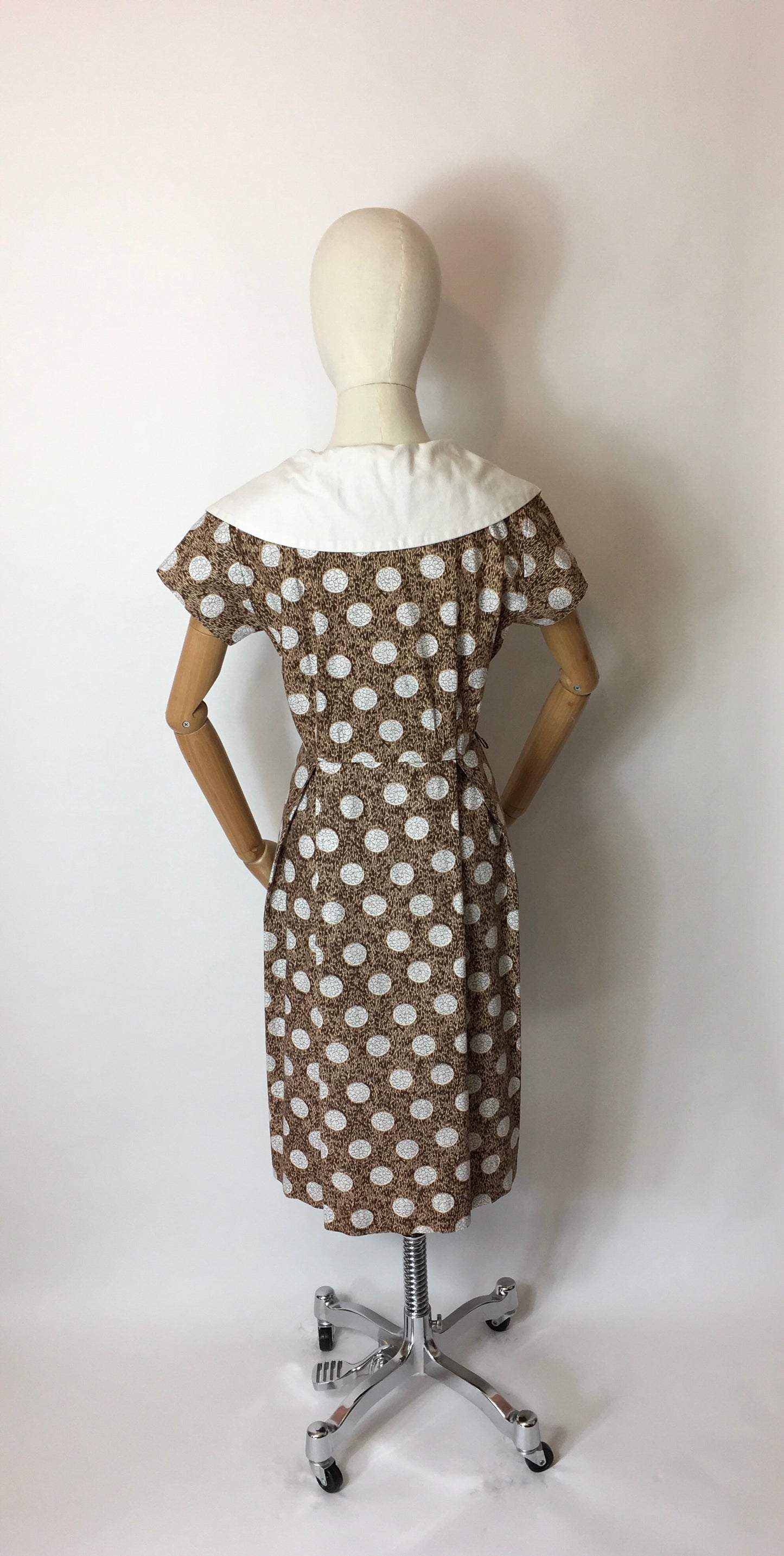 Original 1950s Cotton Day Dress - Lovely Geometric Print in Browns, Beiges and Whites