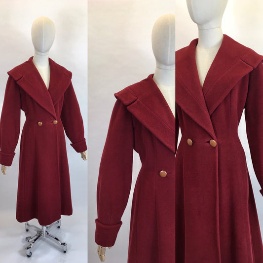 Original 1940’s SENSATIONAL Russet Red Princess Coat - Lovely Shaped Shawl Collar and Cuffs