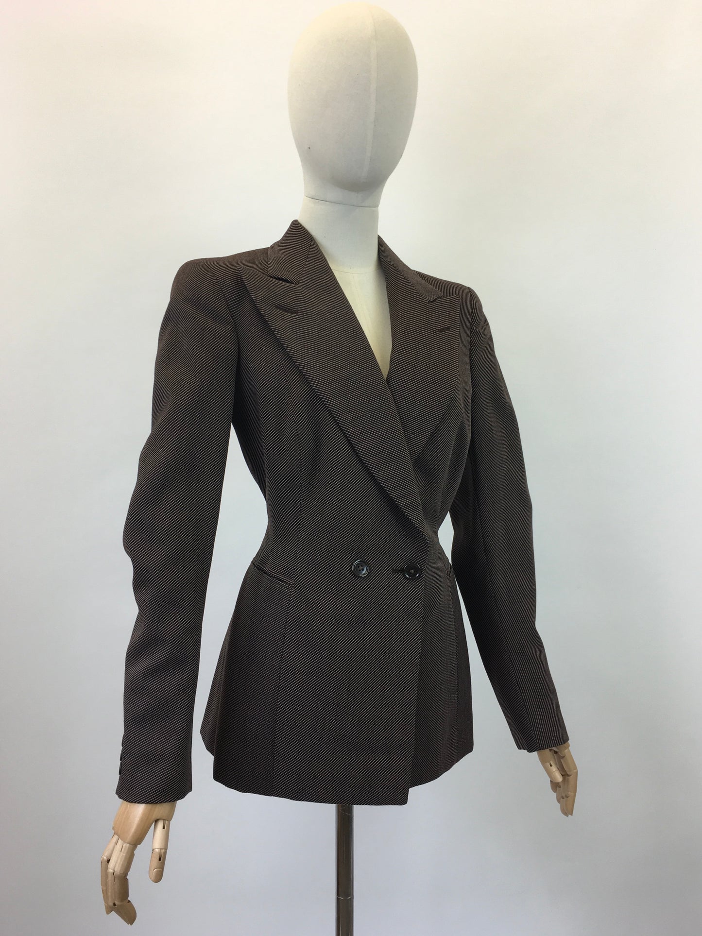 Original 1940's Stunning Longline Jacket in A Chocolate Brown Pinstripe - With Exquisite Details