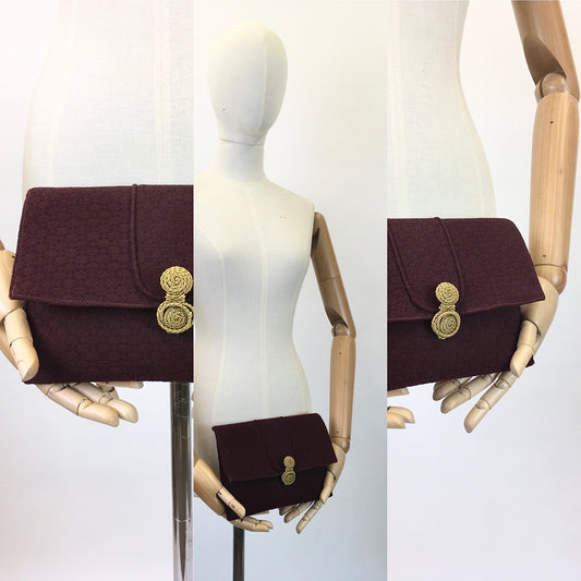 Original Darling 1930's Textured Crepe Clutch Bag - In A Deep Wine With Gold Clasp
