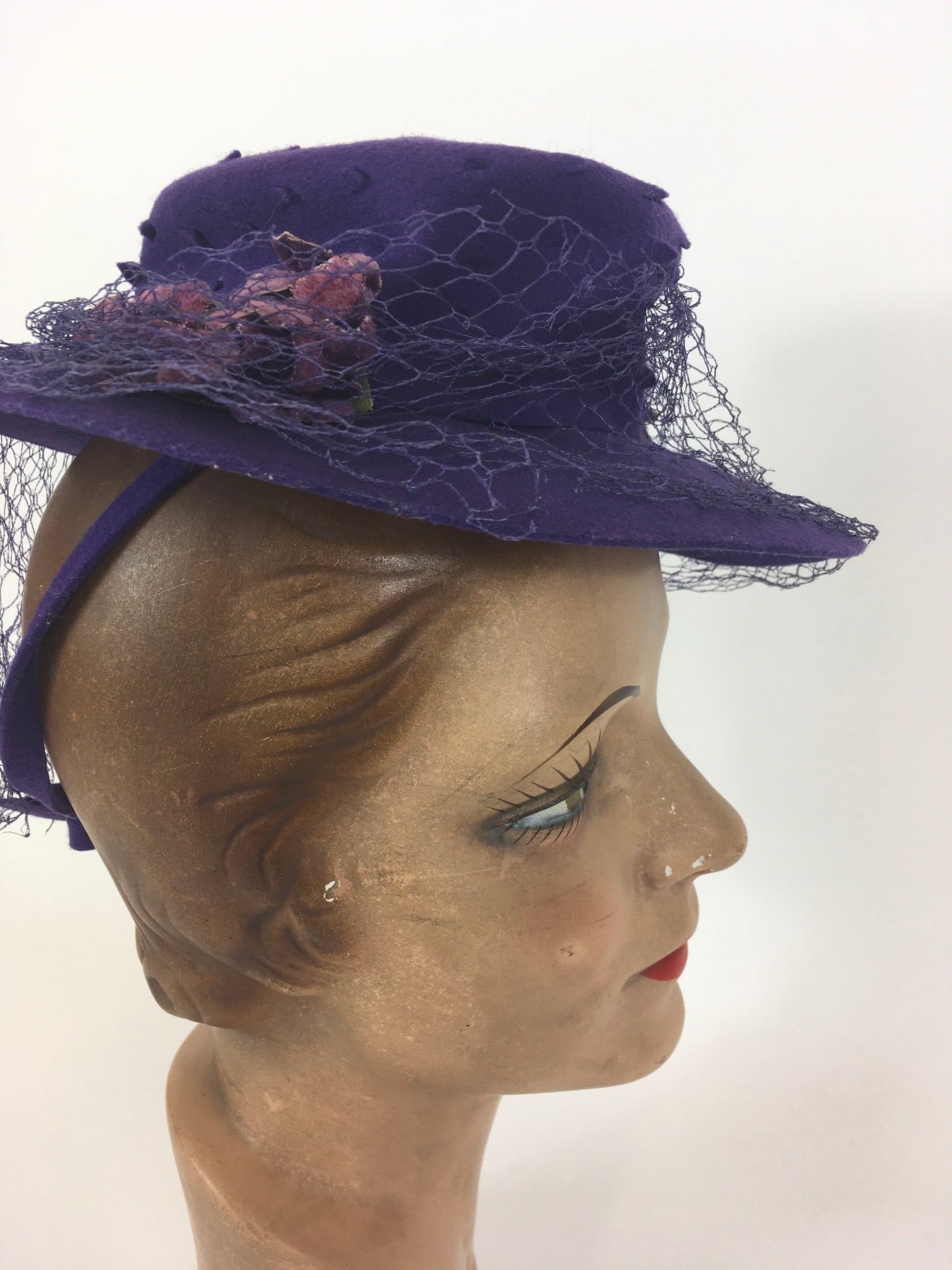 Original 1940’s SENSATIONAL Cadbury Purple Felt Topper Hat - With Cutwork Detailing, Millinery Flowers and Veiling