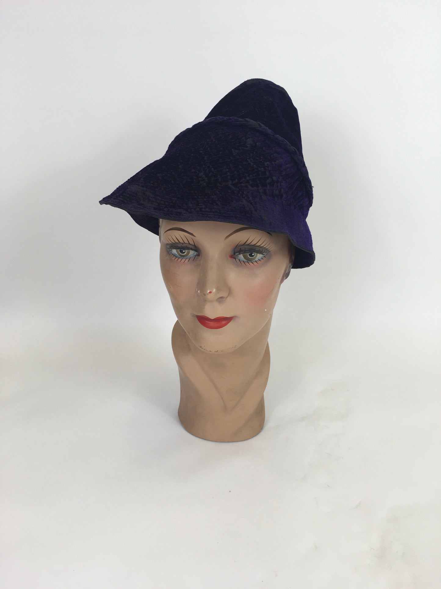 Original 1930’s Sensational Cone Shaped Hat - In A Sublime Cadbury Rich Purple Velvet