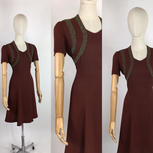 Original 1940’s Day Dress - In A Lovely Brown Crepe With Contrast Green Soutache Detailing