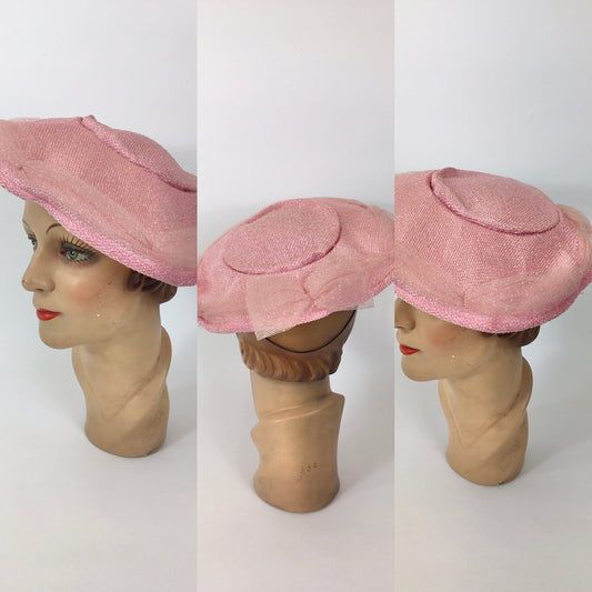 Original 1950’s Darling Powder Pink Platter Hat - With Attached Polka Dot Veiling and Bow