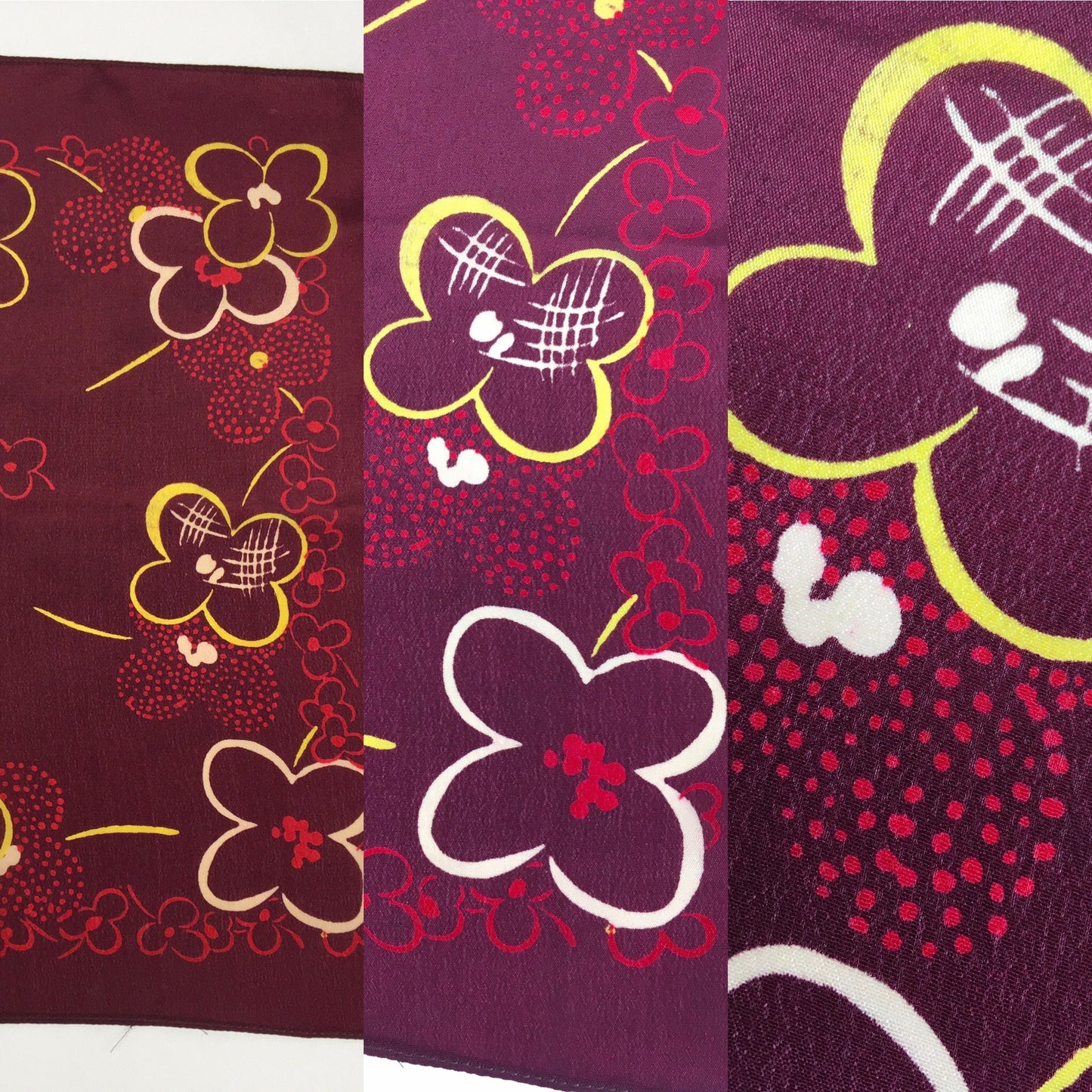Original 1940’s / 1950’s Rayon Hankie - In a Burgundy, Yellow and Ivory Floral