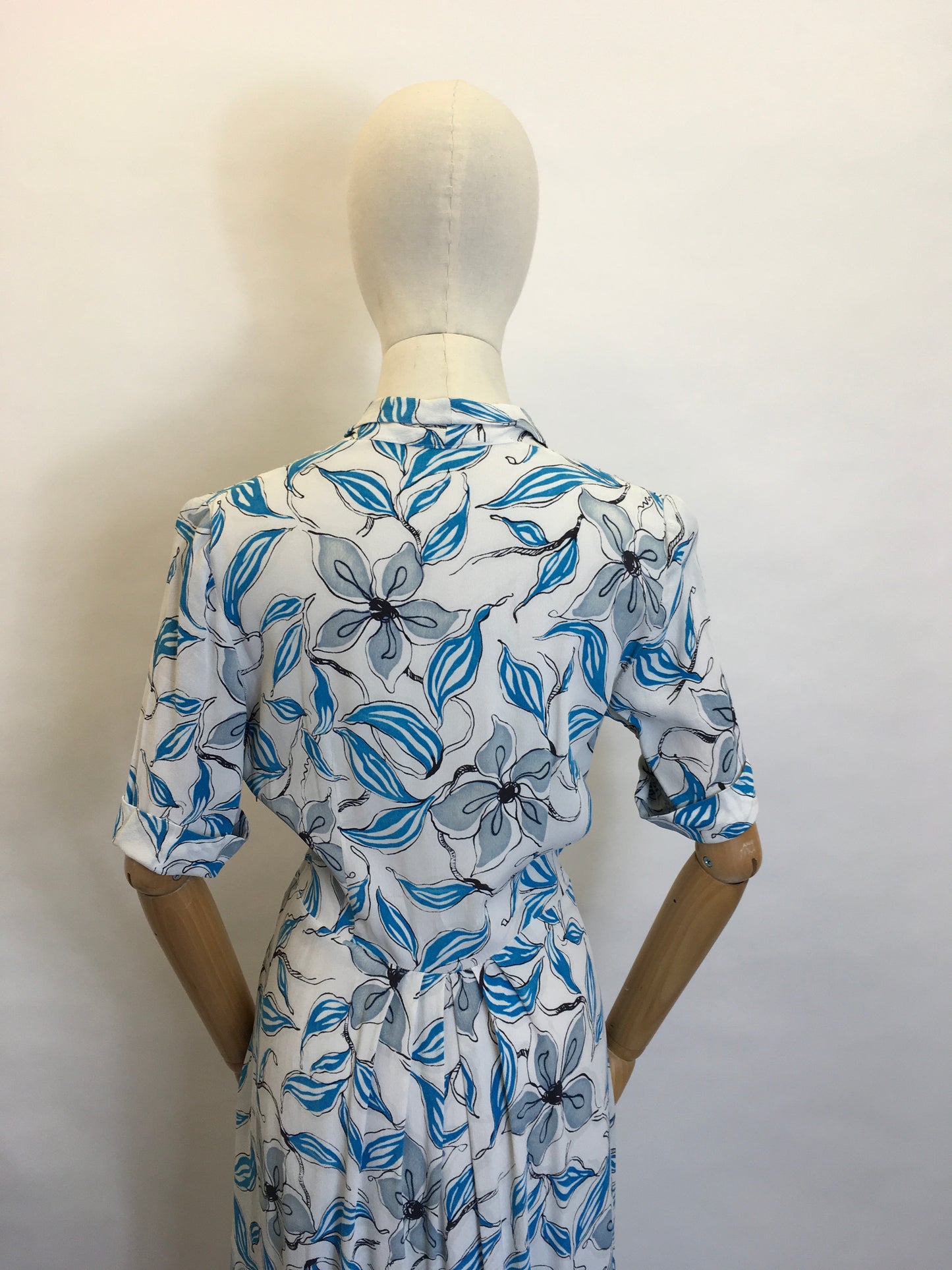 Original 1940’s Crepe Day Dress - Lovely Stencilled Floral in Blues, Blacks and Slate Greys