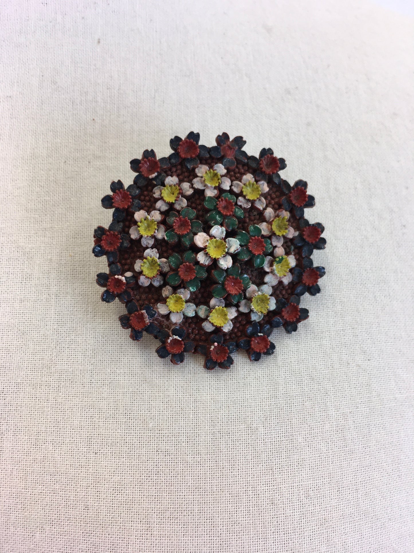 Original 1940's Exquisite Early Plastic Circular Brooch - In A Rainbow Floral Pallet