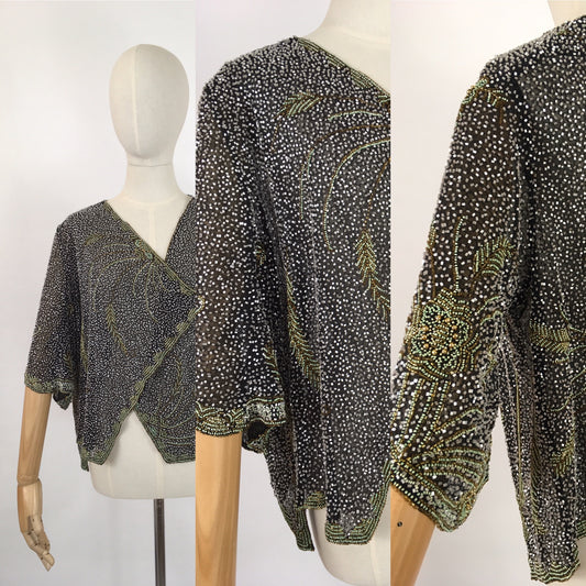 Original 1930s Exquisite Beaded Capelet - Museum Worthy In all its Beauty Fully Beaded In Black, Gold and Deco Green Beads