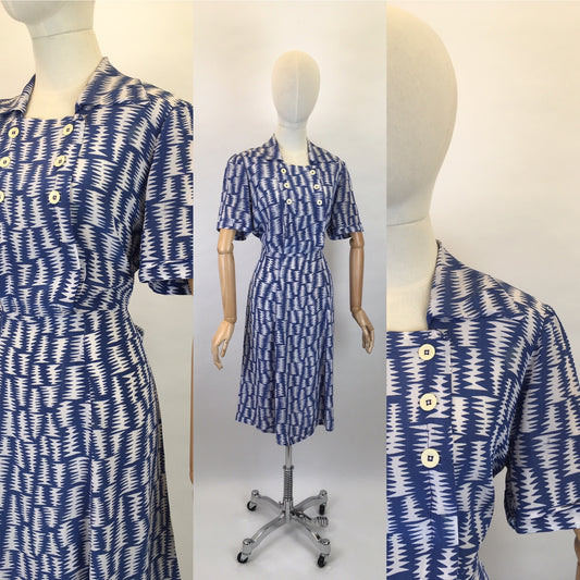 Original 1940s Blue & White Day Dress - Made From a Beautiful Fine Sheer Crepe