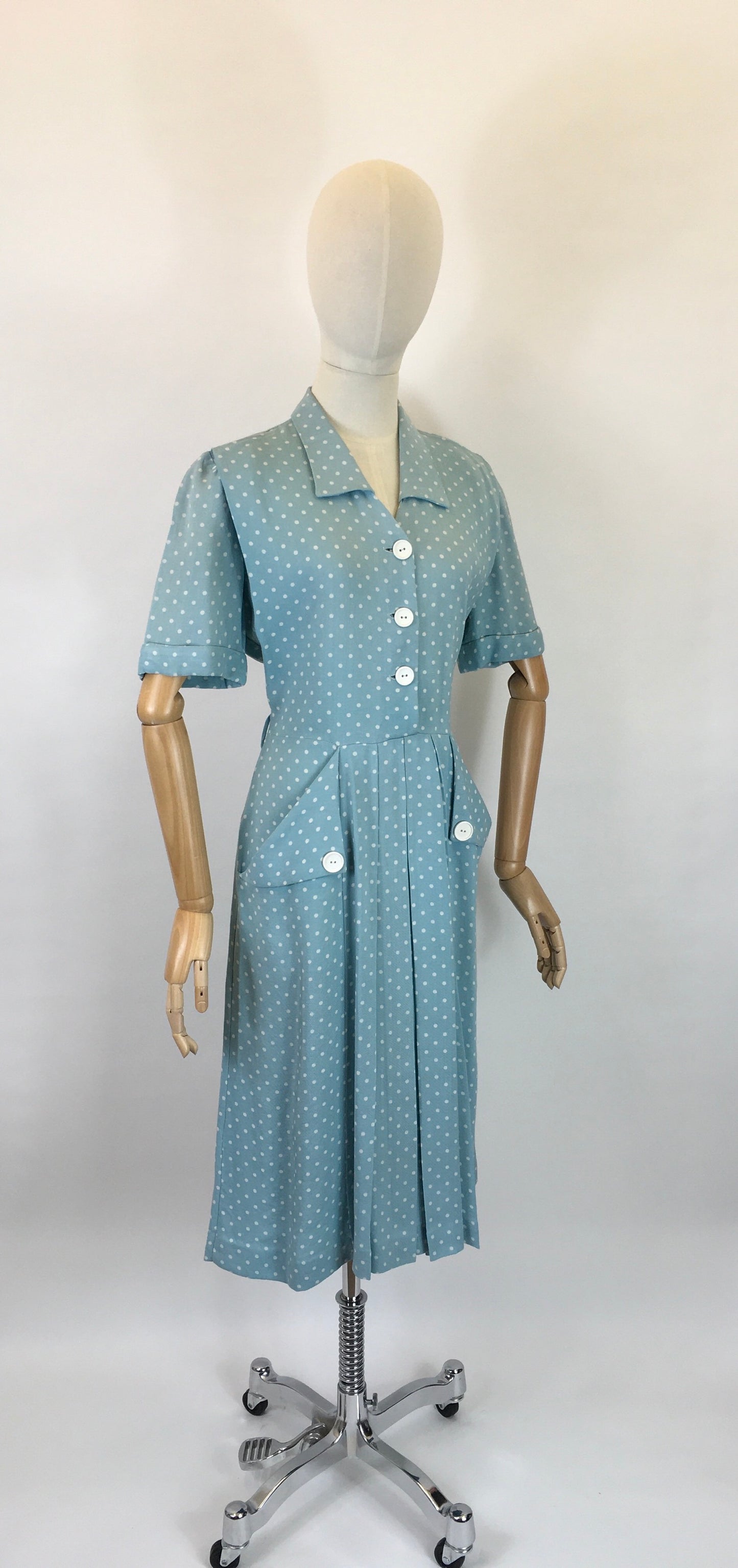 Original 1940’s STUNNING Day Dress - In A Soft Duck Egg Polka Dot Moygoshal Linen