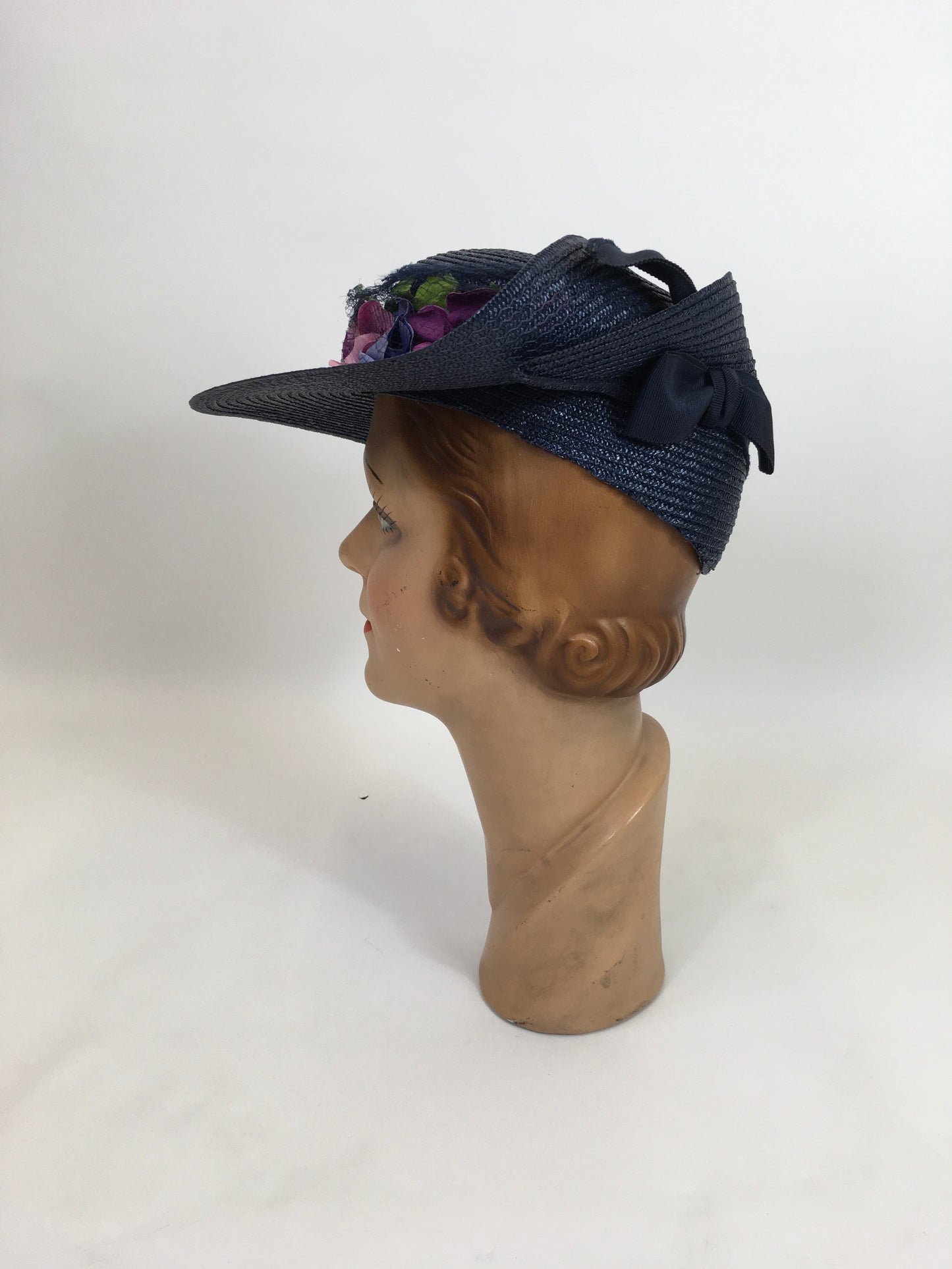 Original 1930’s Stunning Straw Hat  - In A Deep Navy With Florals