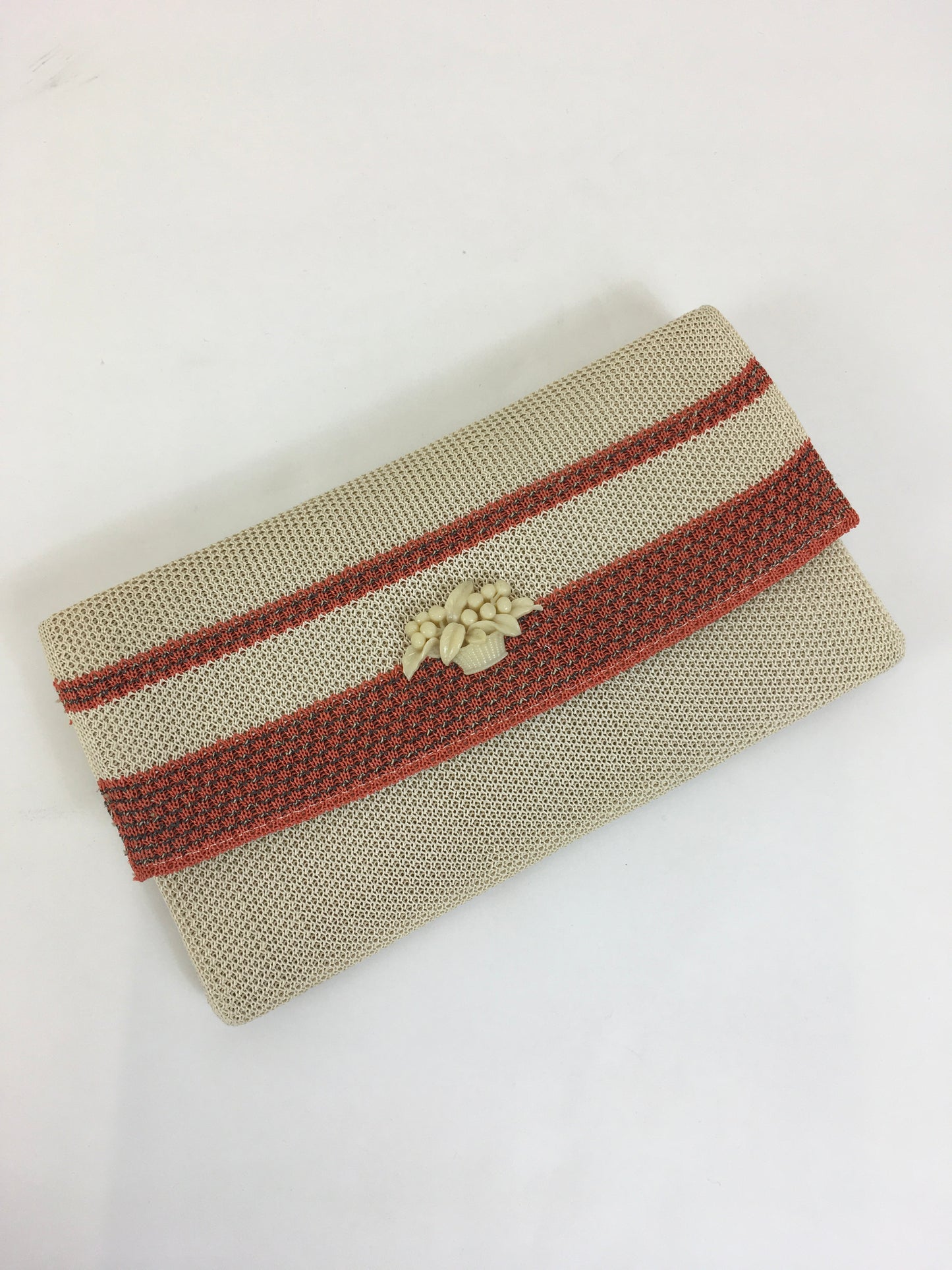 Original 1930's Sensational Fabric Clutch Bag in Orange & Cream - With Celluloid Floral Basket Adornment