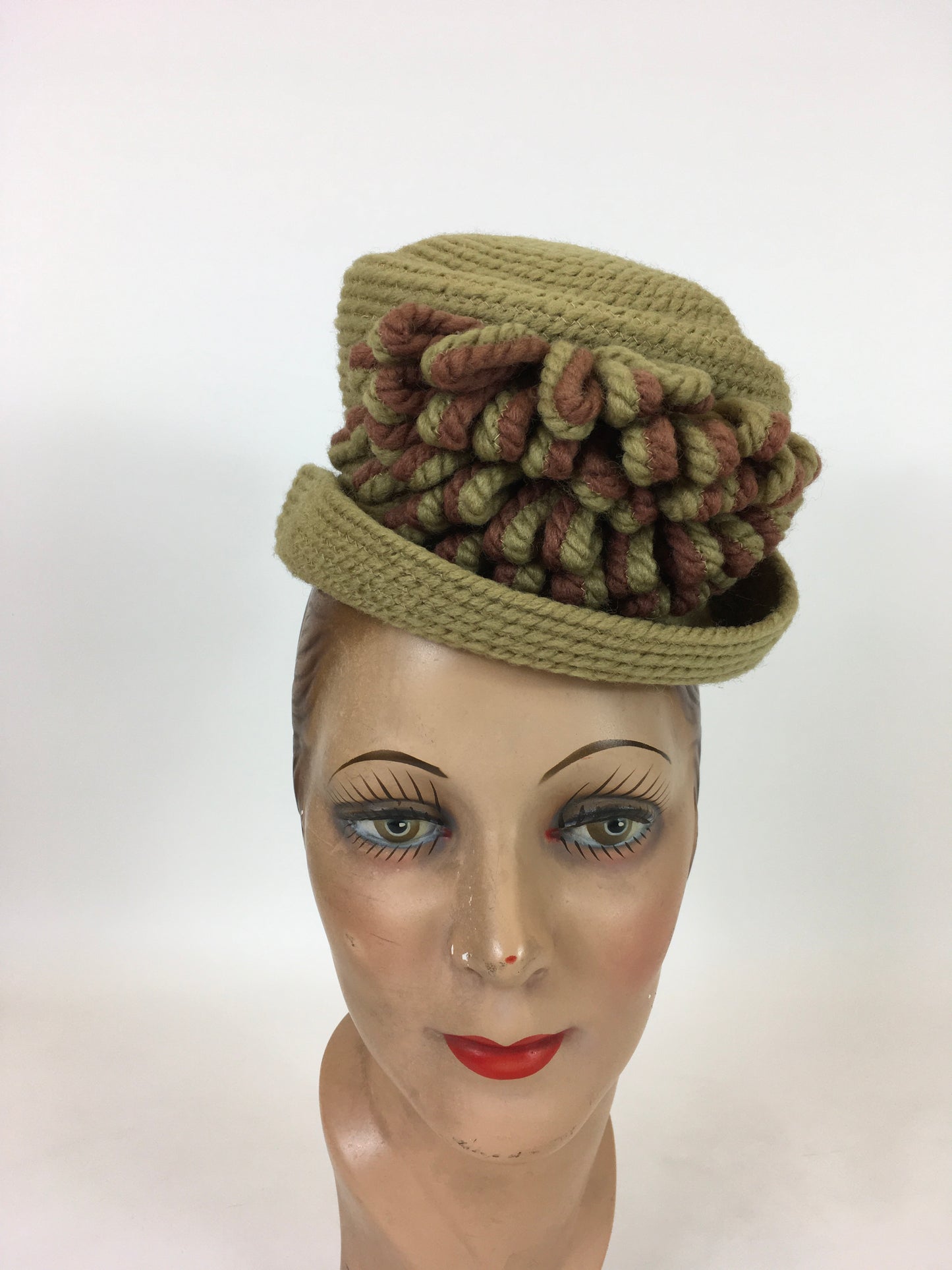 Original 1940's Fabulous Chartreuse and Brown Topper Tilt Hat - By ' Needlepoint Everitt'