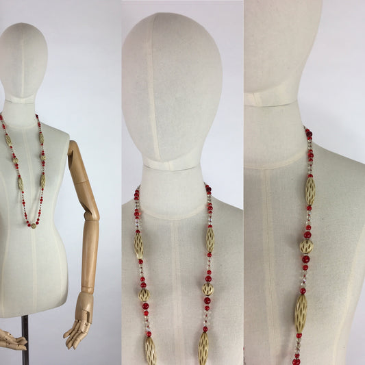 Original 1930s Long Line Necklace - In a Contrast Glass Bead and Celluloid in Reds, Clear and Soft Cream