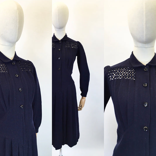 Original 1940’s Fabulous Navy Wool Dress - With Peter Pan Collar, Lattice Work and Pleated Detailing