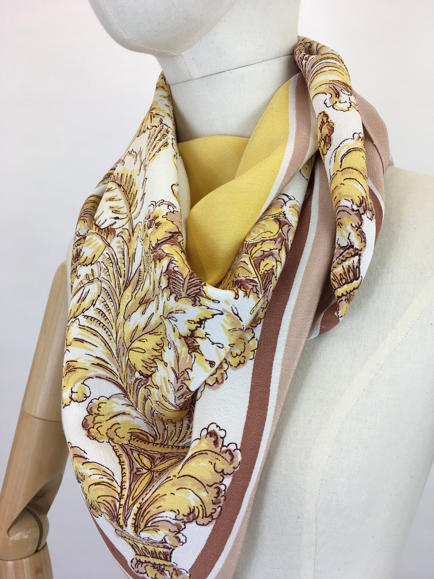 Original 1940s Fine Crepe Scarf - In A Beautiful Floral In Soft Yellows, Fawns, Warm Brown and Creams