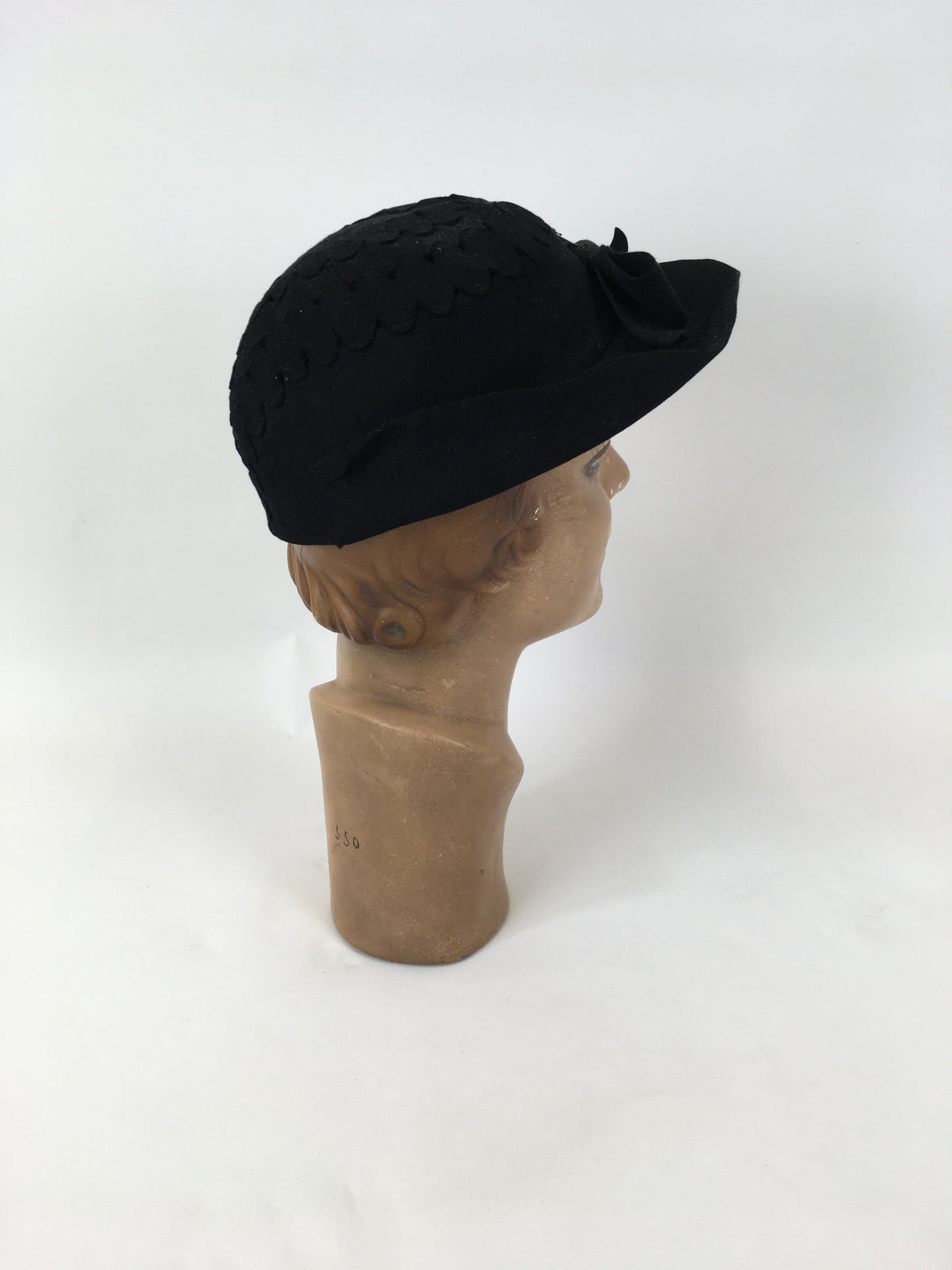 Original 1930’s Exquisite Black Hat with Cutwork Detailing & Bow - By ‘ Swan & Edgar Piccadilly ‘