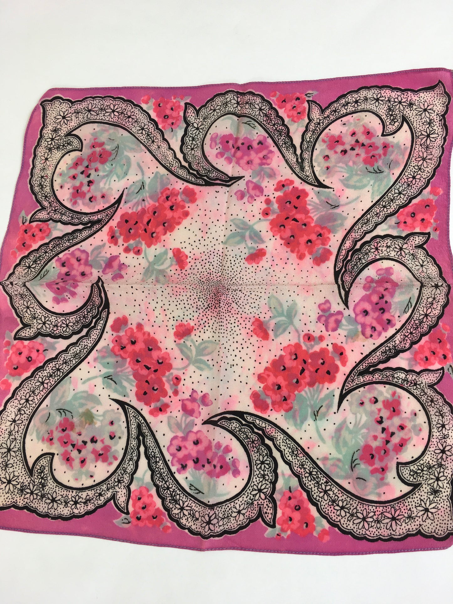 Original 1940’s Floral Rayon Crepe Hankie - In Cerise Pink and Stencilled Black