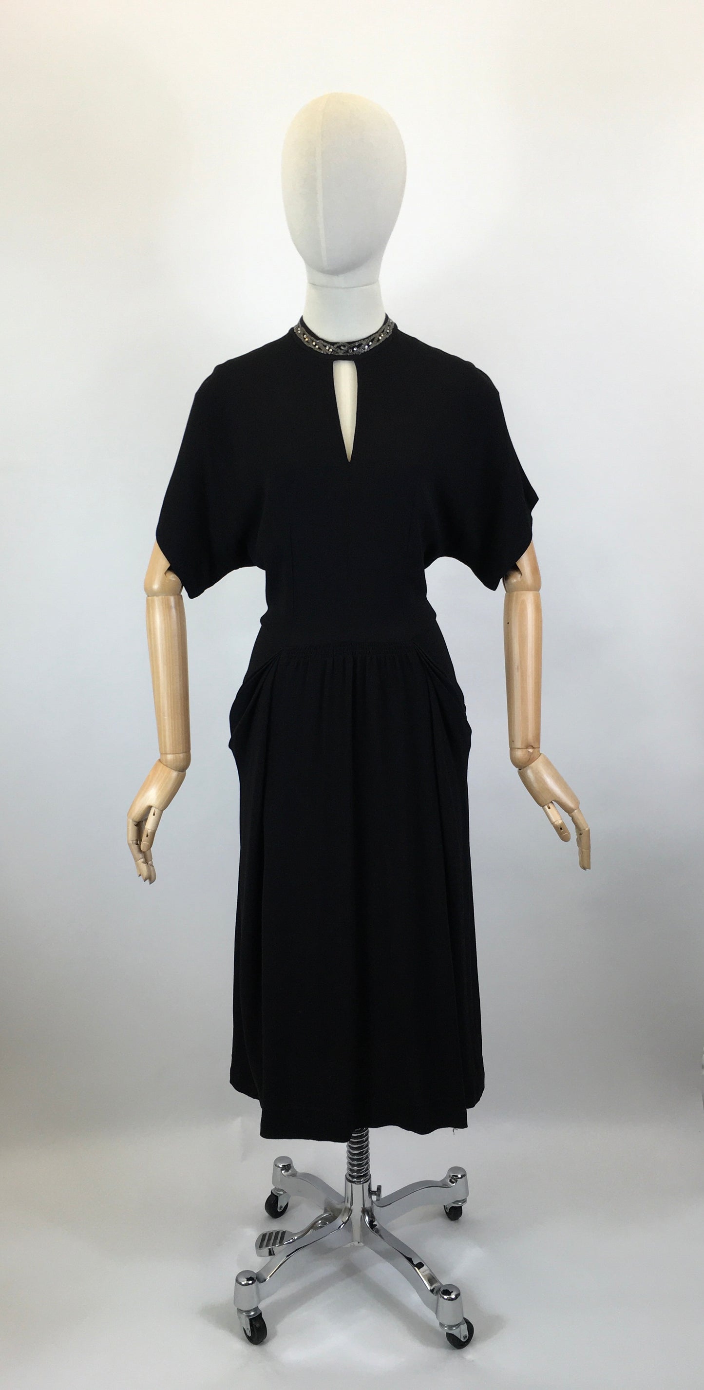 Original 1940’s CC41 Utility Black Crepe Dress - With Keyhole Neckline and Beadwork