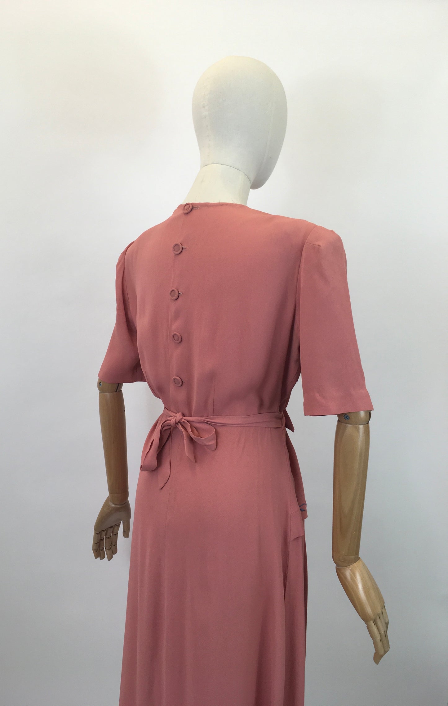 Original 1940's Stunning Blush Crepe Dress with Embroidered Details in Forget Me Not Blue - ' A Frederick Gown Label'