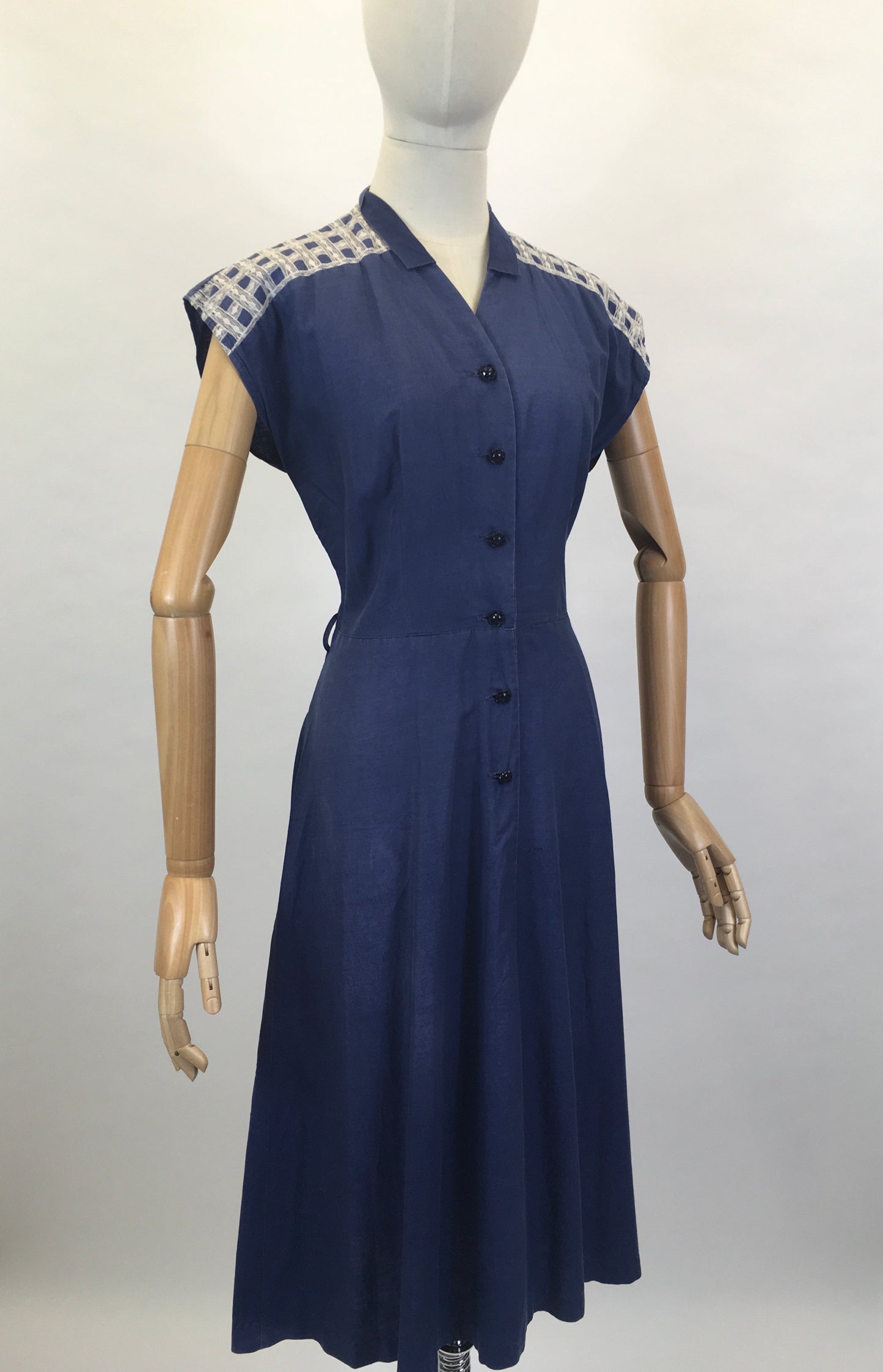 Original Early 1950’s Navy Cotton Dress - With Embroidered Detailing To The Shoulders