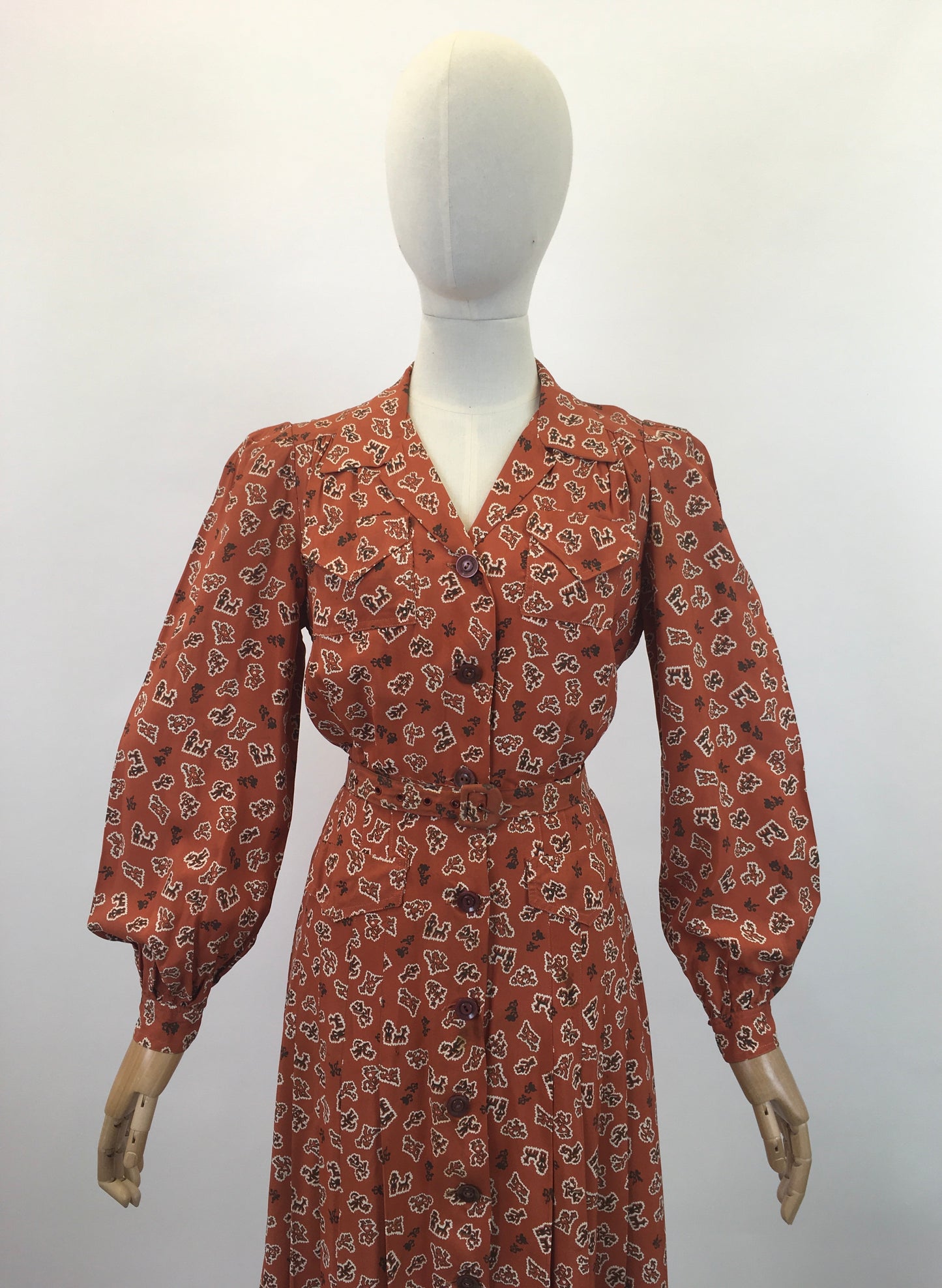 Original 1940's Gorgeous Novelty Print Dress - In A Cinnamon, Black and White Crepe De Chine