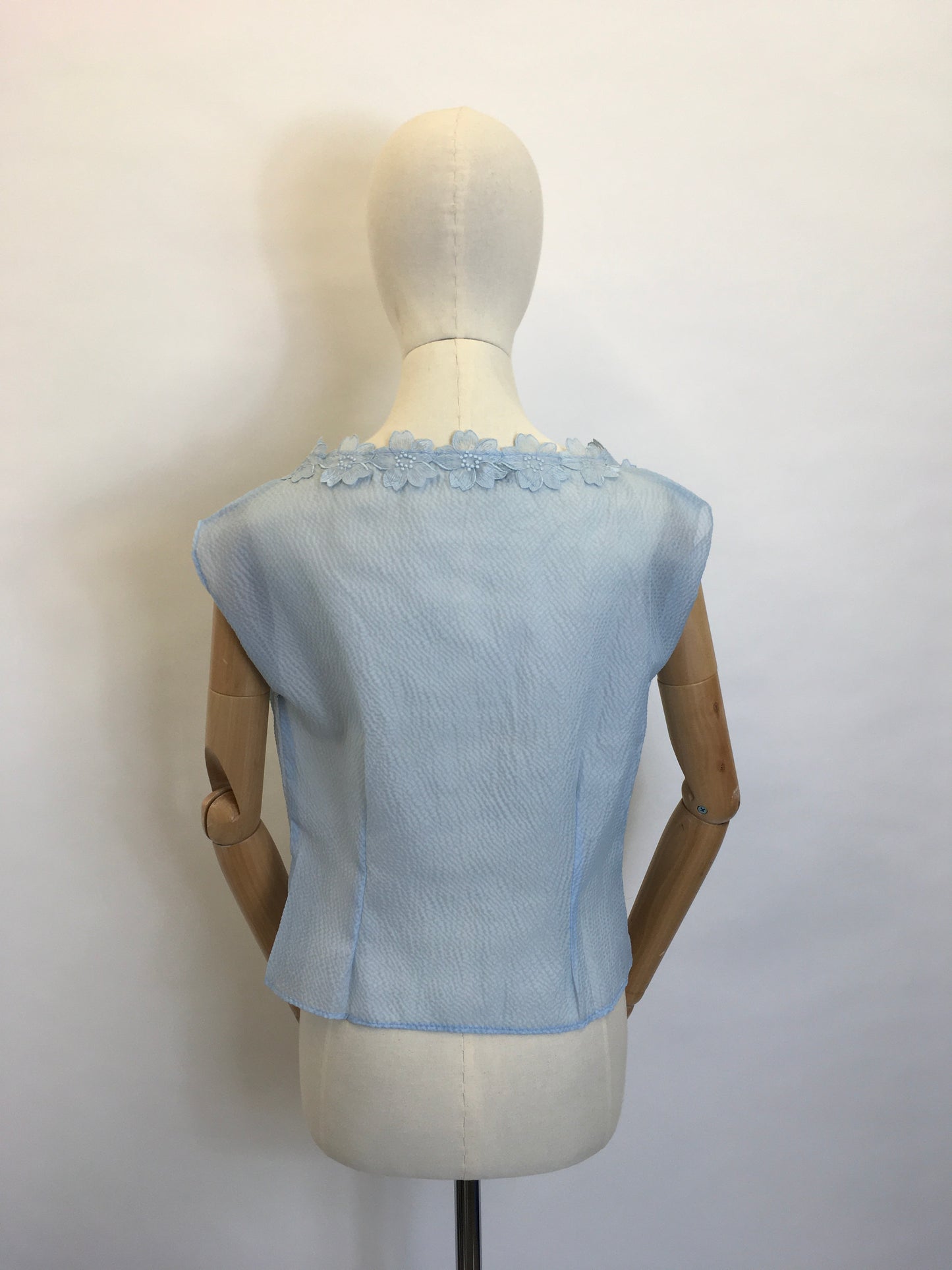 Original 1950’s Sheer Blouse in a lovely Powder Blue - Featuring Floral Detailing to the Neckline