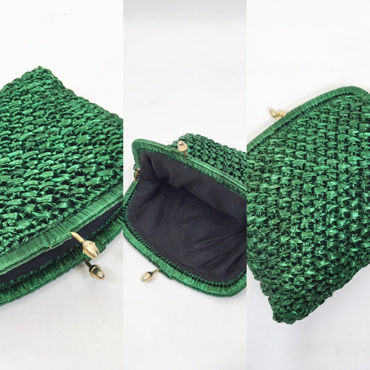 Original 1950's Fabulous Raffia Clutch Bag - In Forest Green with Gold Acorn Clasp