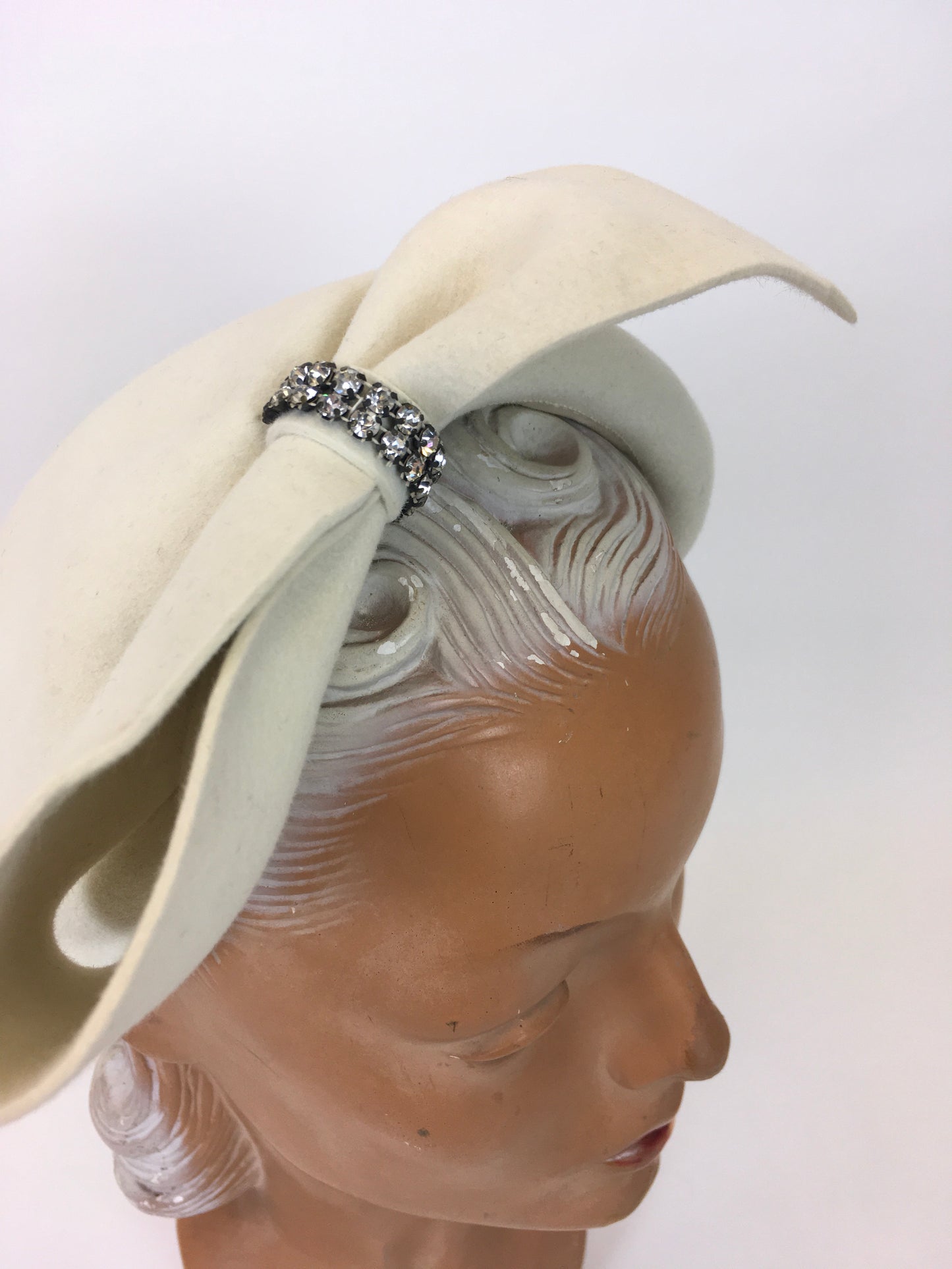 Original 1959’s Ivory Felt Hat - With Diamanté Paste Embellishment to The Big Bow Front