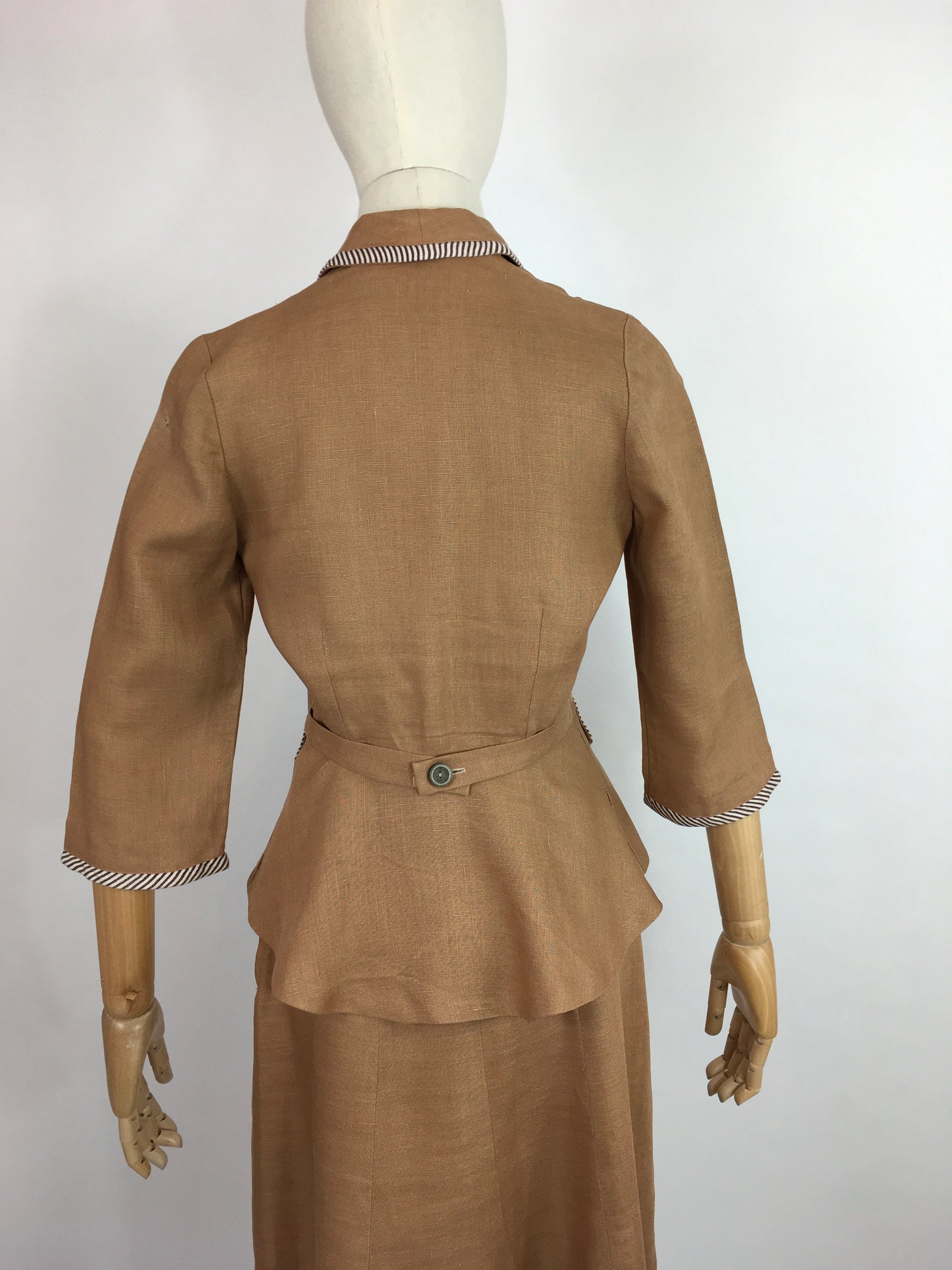 Original 1940’s 2 Piece Suit - In a Beautiful Soft Caramel Linen Colour With Contrast Stripe Detailing
