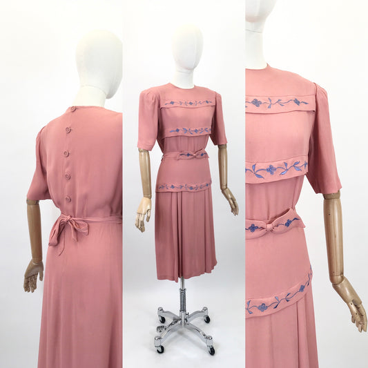 Original 1940's Stunning Blush Crepe Dress with Embroidered Details in Forget Me Not Blue - ' A Frederick Gown Label'