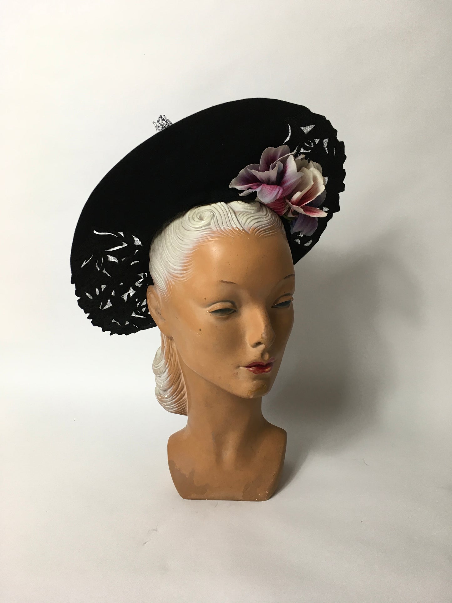 Original 1940’s Black Halo Hat - Illusion cutwork detailing and Floral Adornment