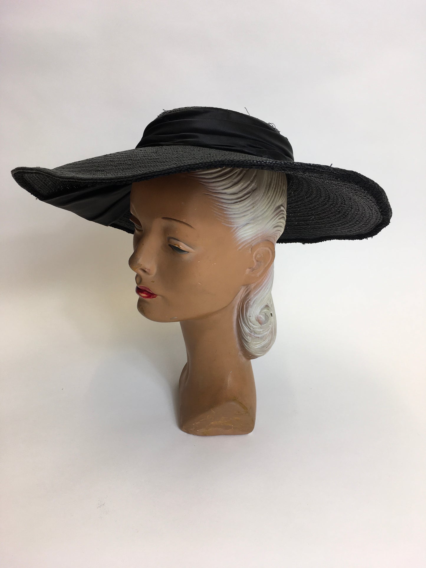 Original 1940’s Black Saucer Hat - ‘ Made In France ‘ With Black Satin Bow Ribboning
