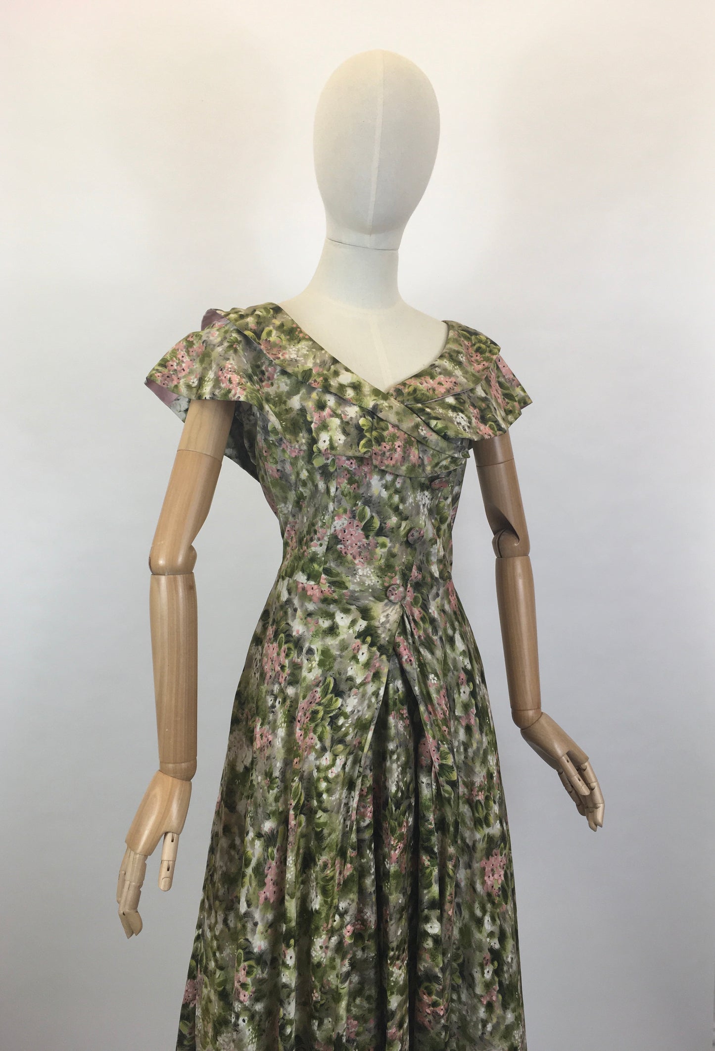 Original 1950’s Stunning Silk Party Frock - In A Beautiful Pink & Green Floral