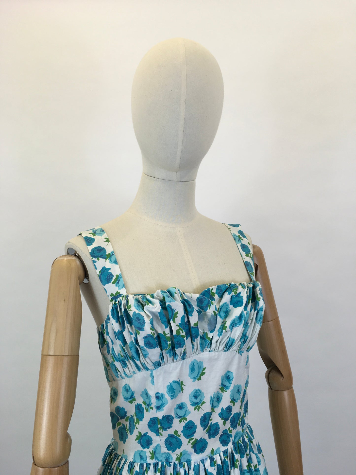 Original 1950’s Gorgeous Sun Dress - In A Beautiful Blue Rose Print Cotton