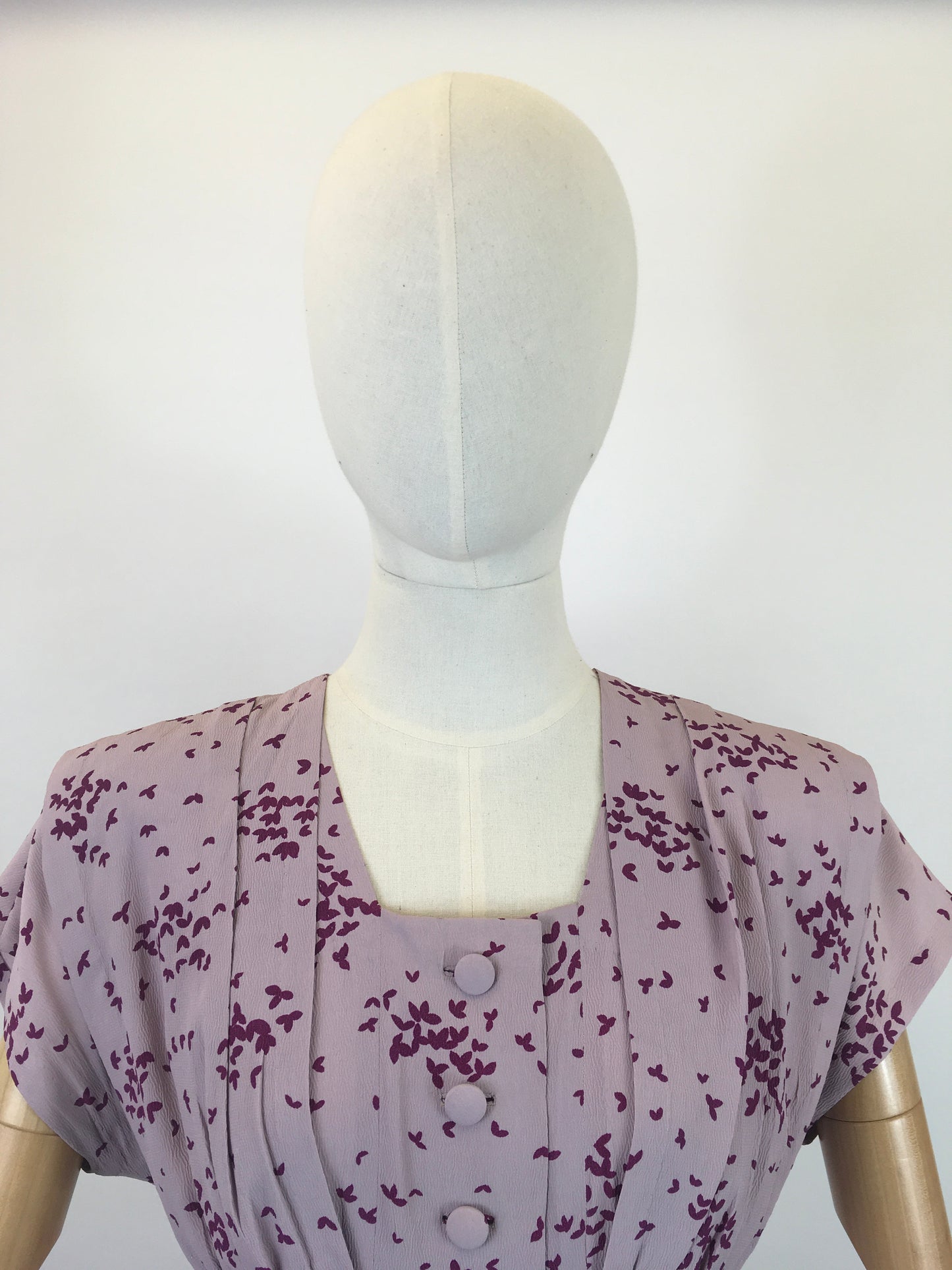 Original 1940's Darling Crepe Dress - In A Delicate Lilac with Berry Coloured Print