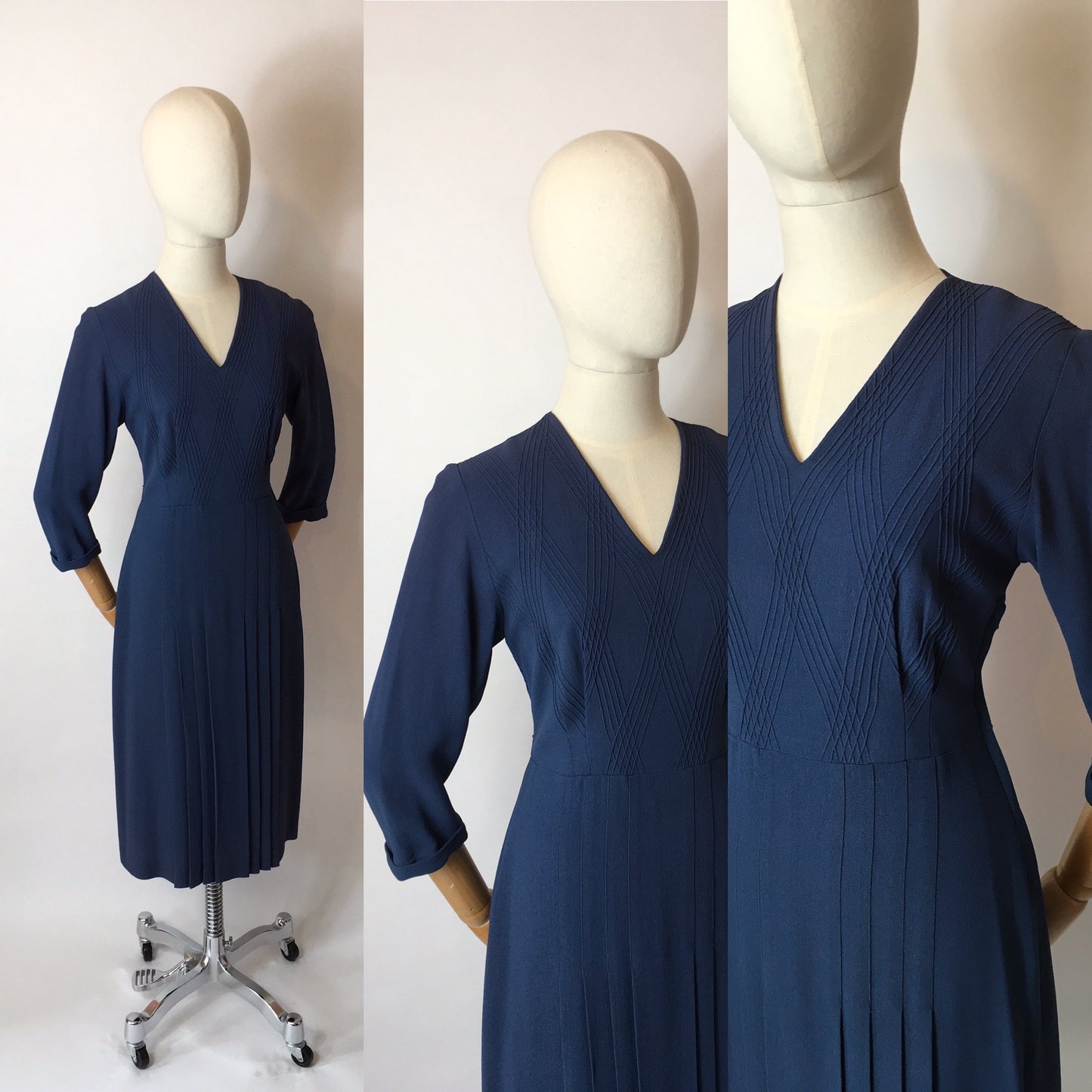 Original 1940’s Airforce Blue Crepe Day Dress - Lovely Criss Cross Detailing to the Bodice