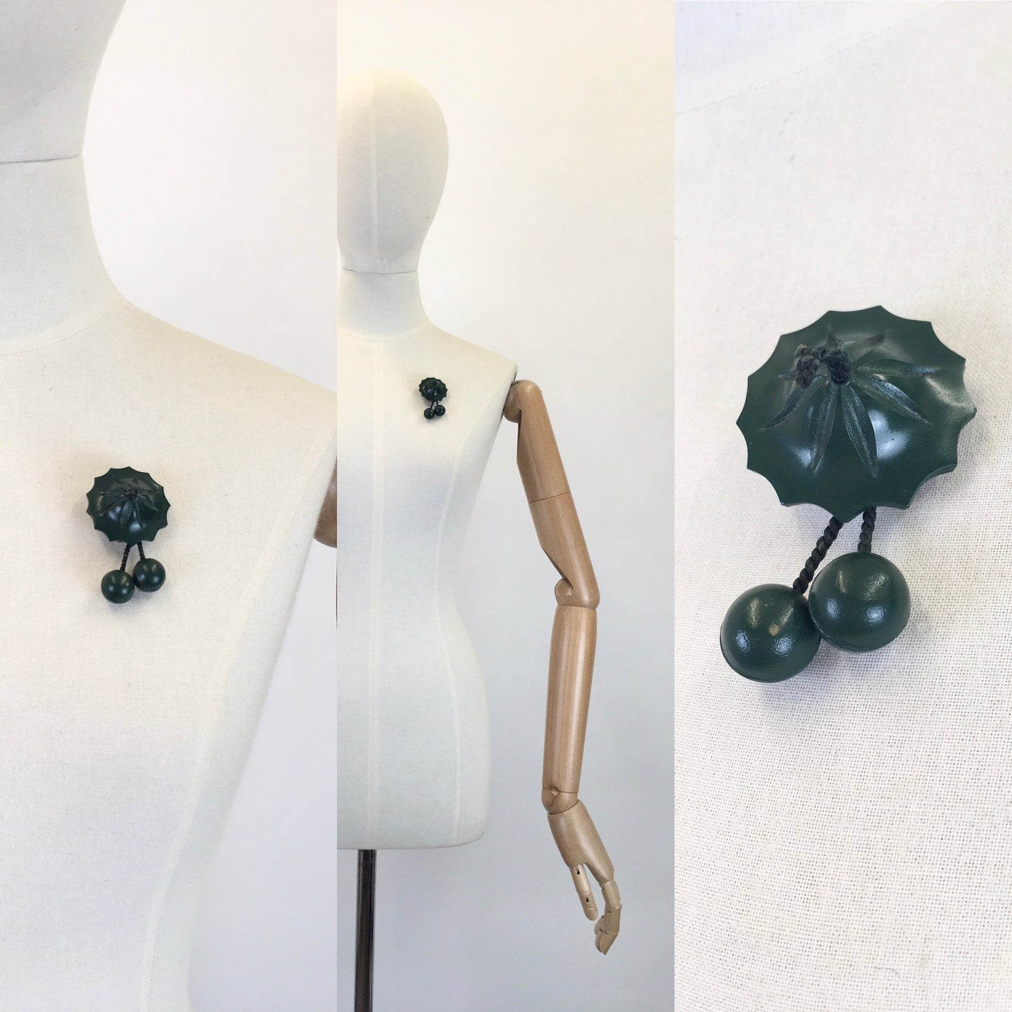 Original 1940’s Early Plastic Brooch in Forest Green - In An Amazing Shape with Dangling Balls