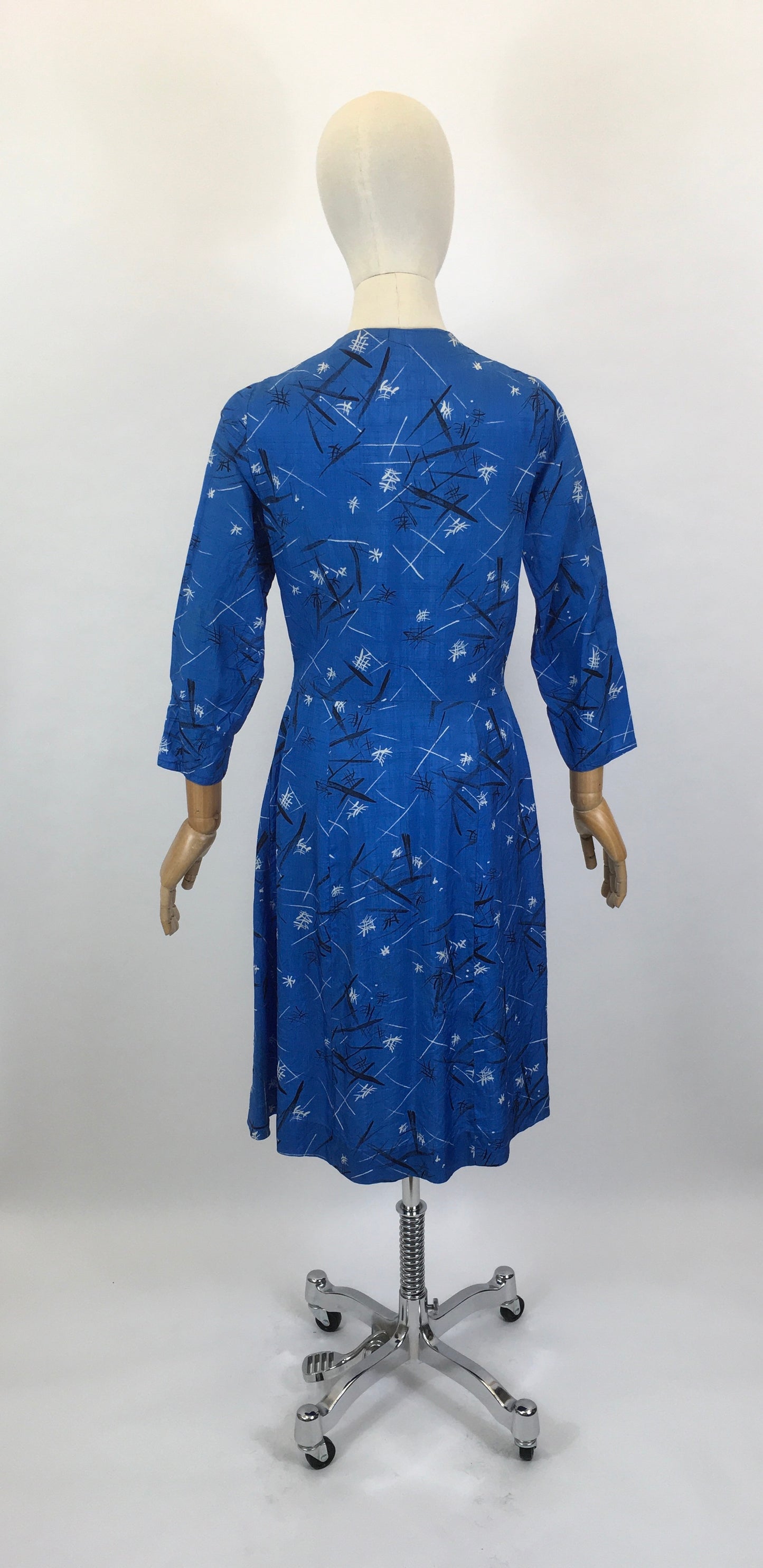 Original 1950’s Fabulous Blue Frock - In An Abstract Print Silk Sateen