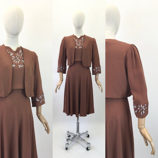 Original 1940's Darling 2Pc Dress & Bolero Set - In A Soft Brown With Grey Accents