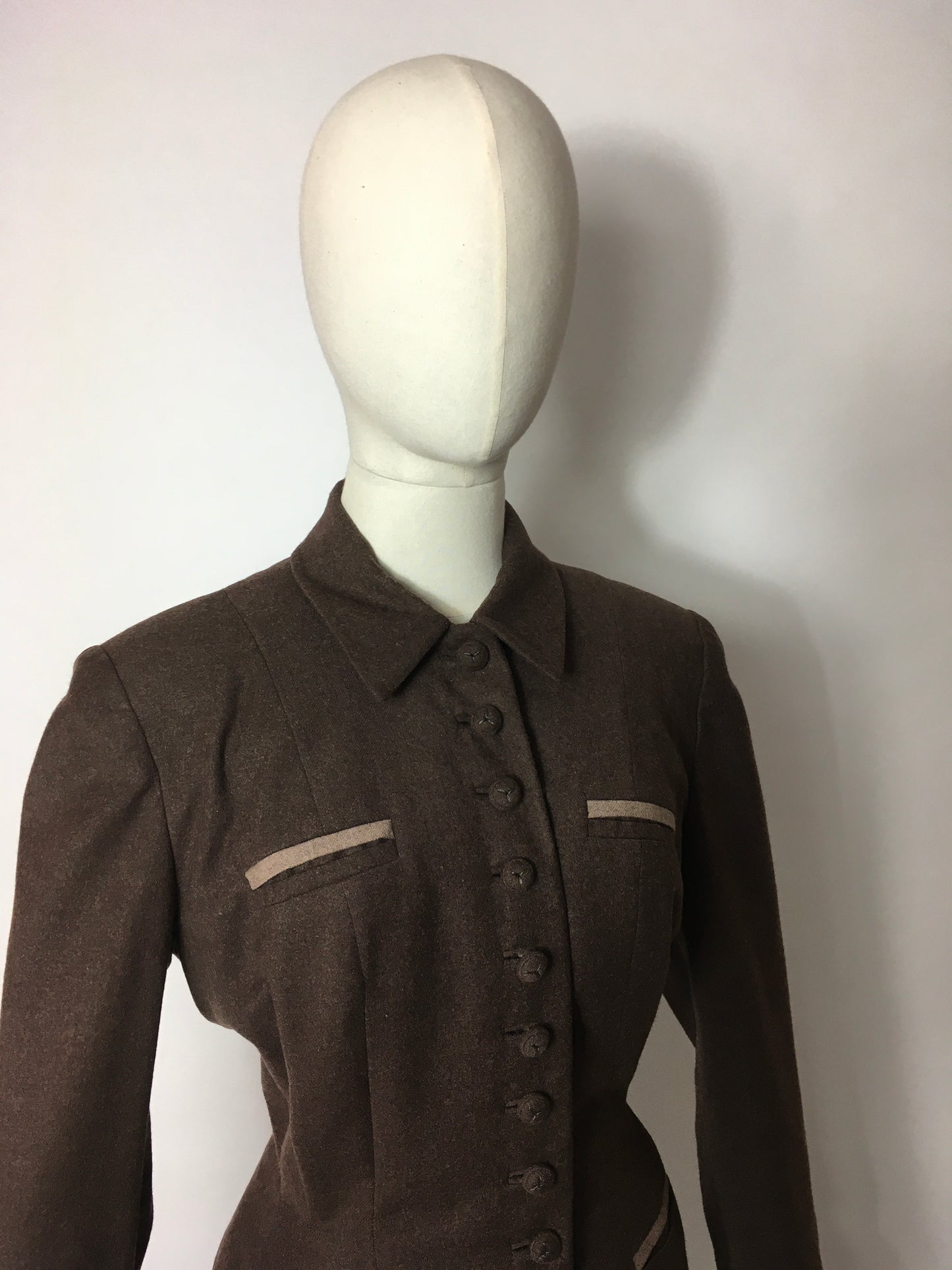 Original 1940’s 2pc Suit in A Lovely Brown Wool, Stunning Detailing and Seamwork