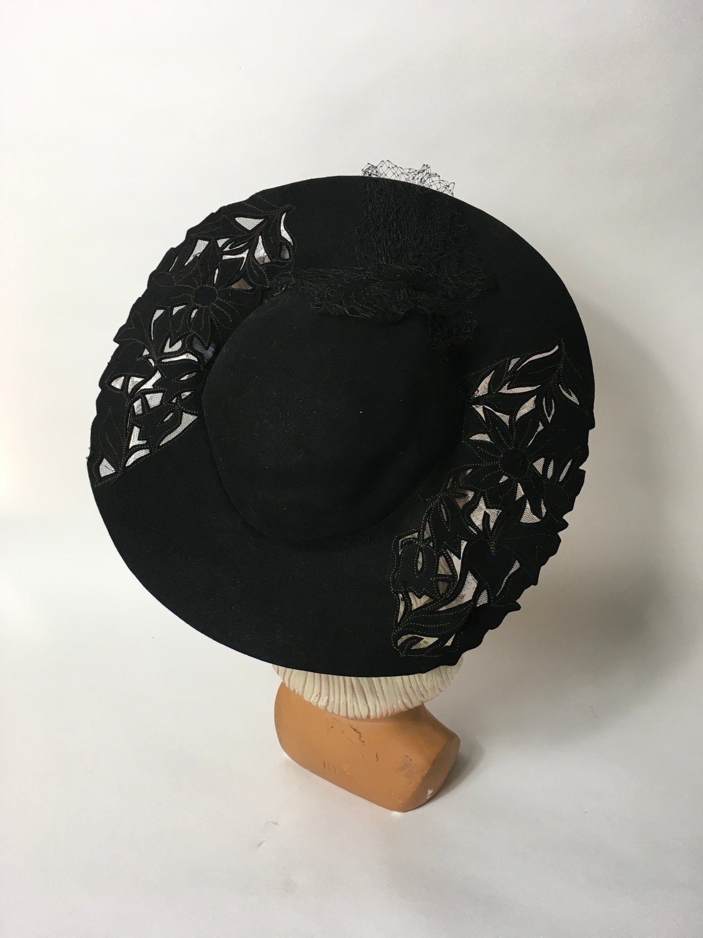 Original 1940’s Black Halo Hat - Illusion cutwork detailing and Floral Adornment