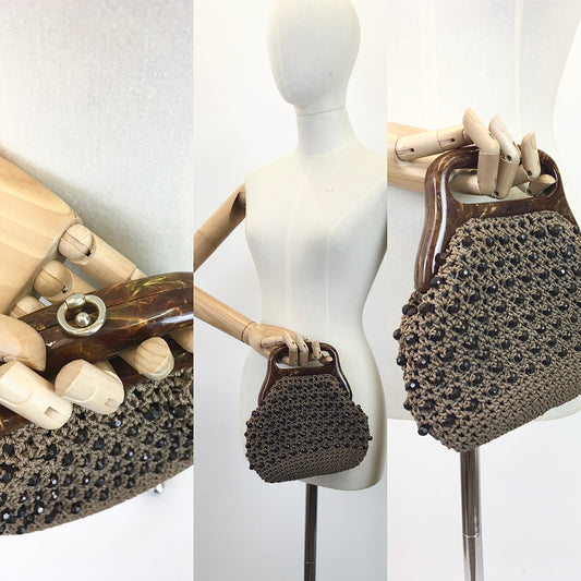 Original 1950's Fabulous Crochet Handbag - With Early Plastic Marbled Handle and Beadwork