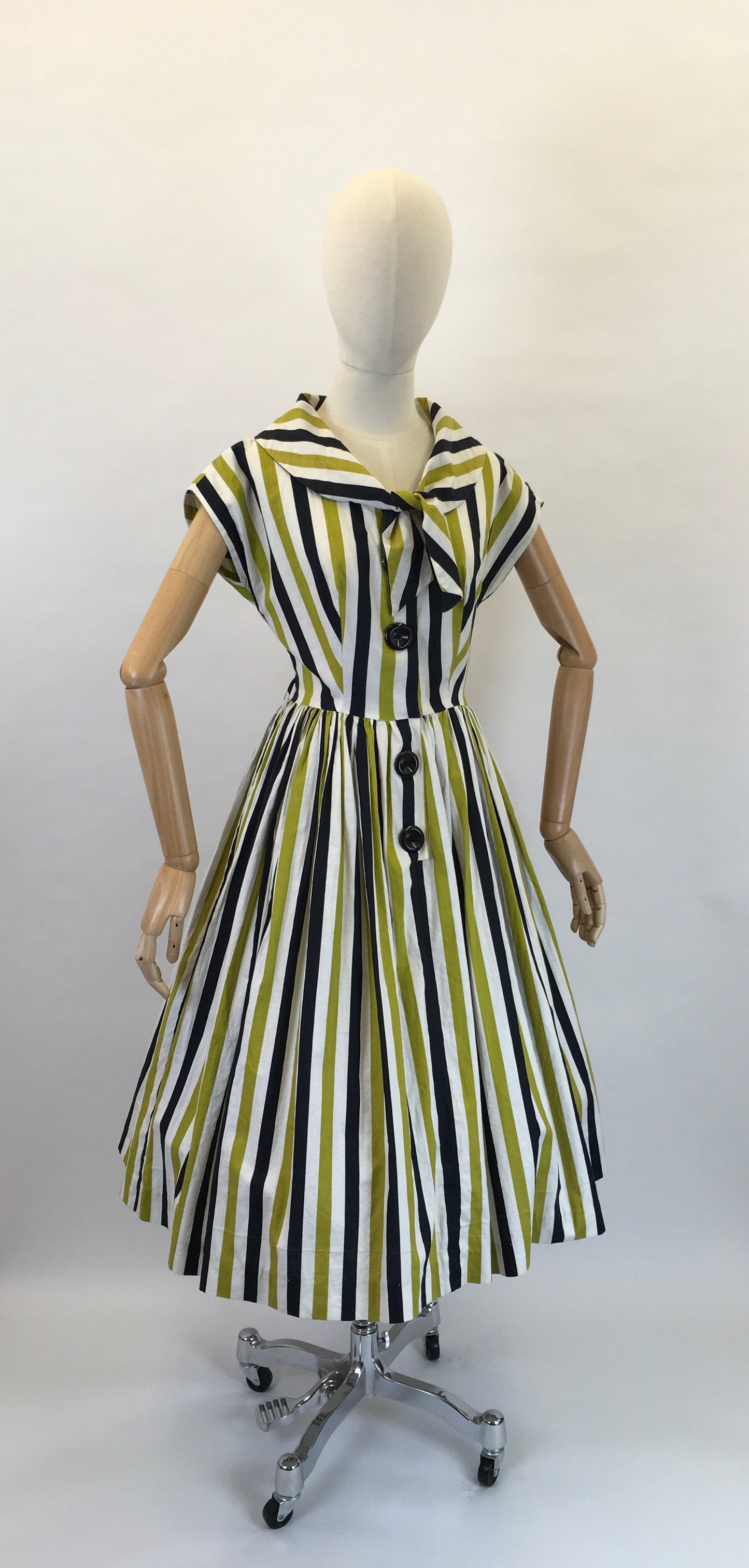 Original 1950s Fun Day Dress - Made From a Lovely Black, White and Chartreuse Stripe Cotton