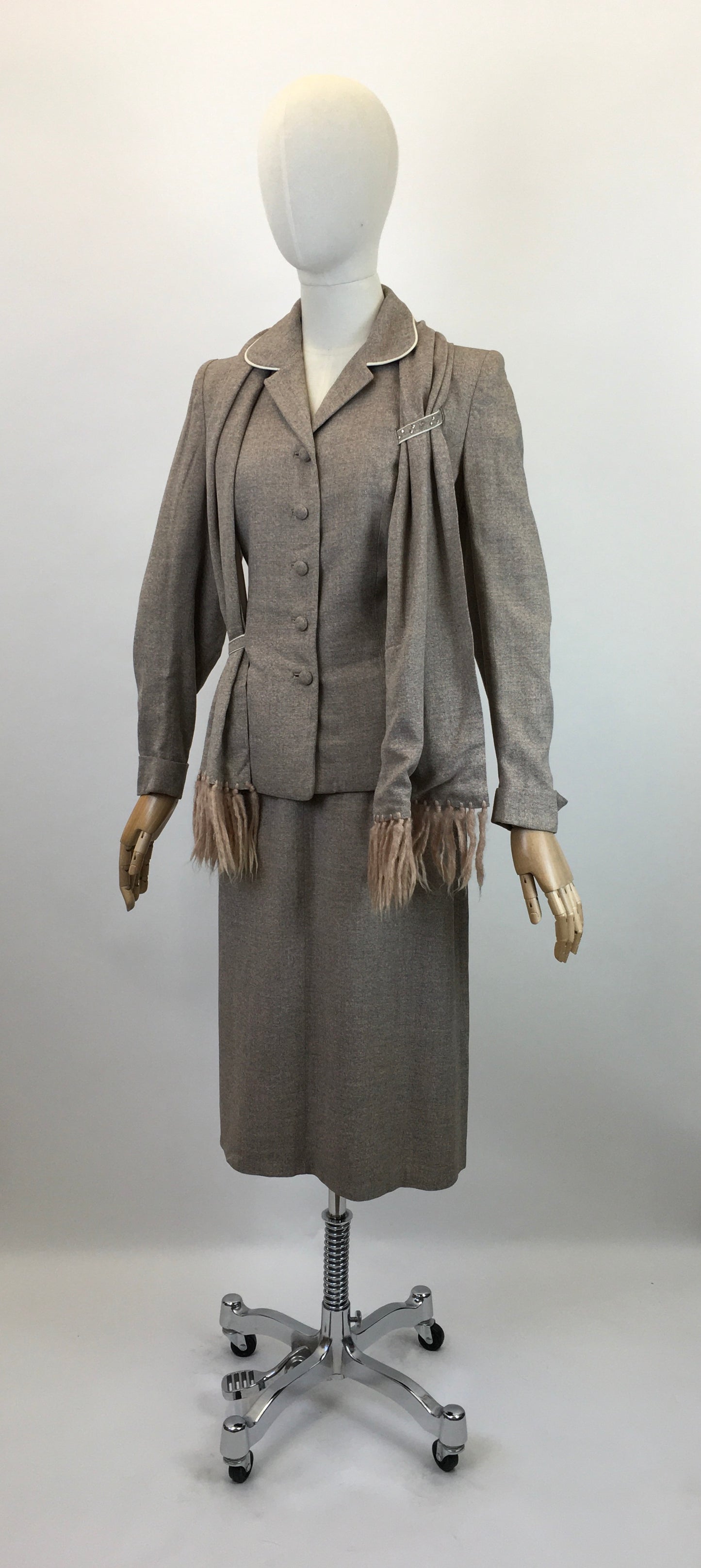 Original 1940's STUNNING 3pc Suit - In Soft Fawn with A Draped Tasselled Scarf